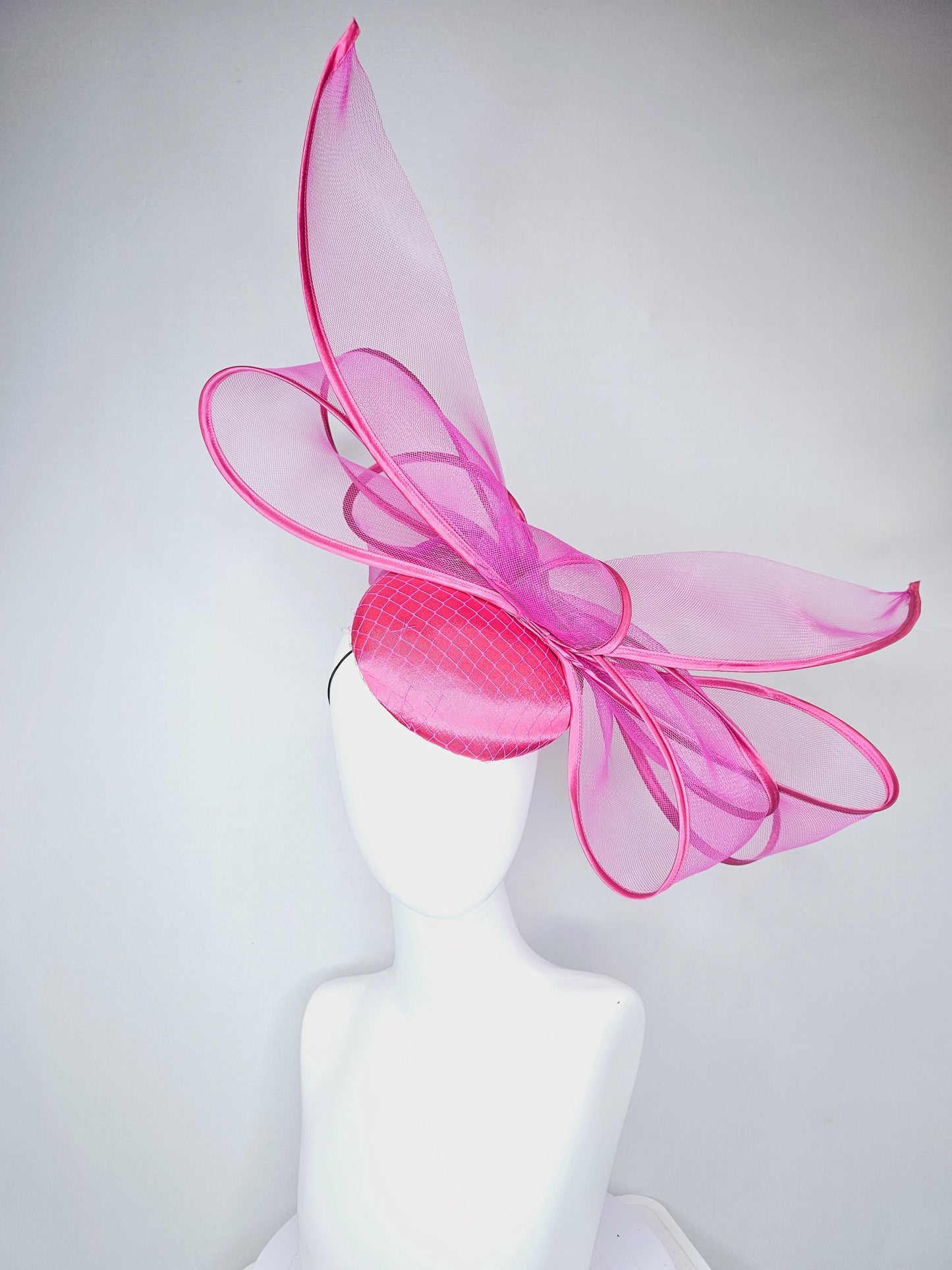 kentucky derby hat fascinator hot pink satin base with mesh with very large fuchsia pink mesh bow with matching pink satin trim