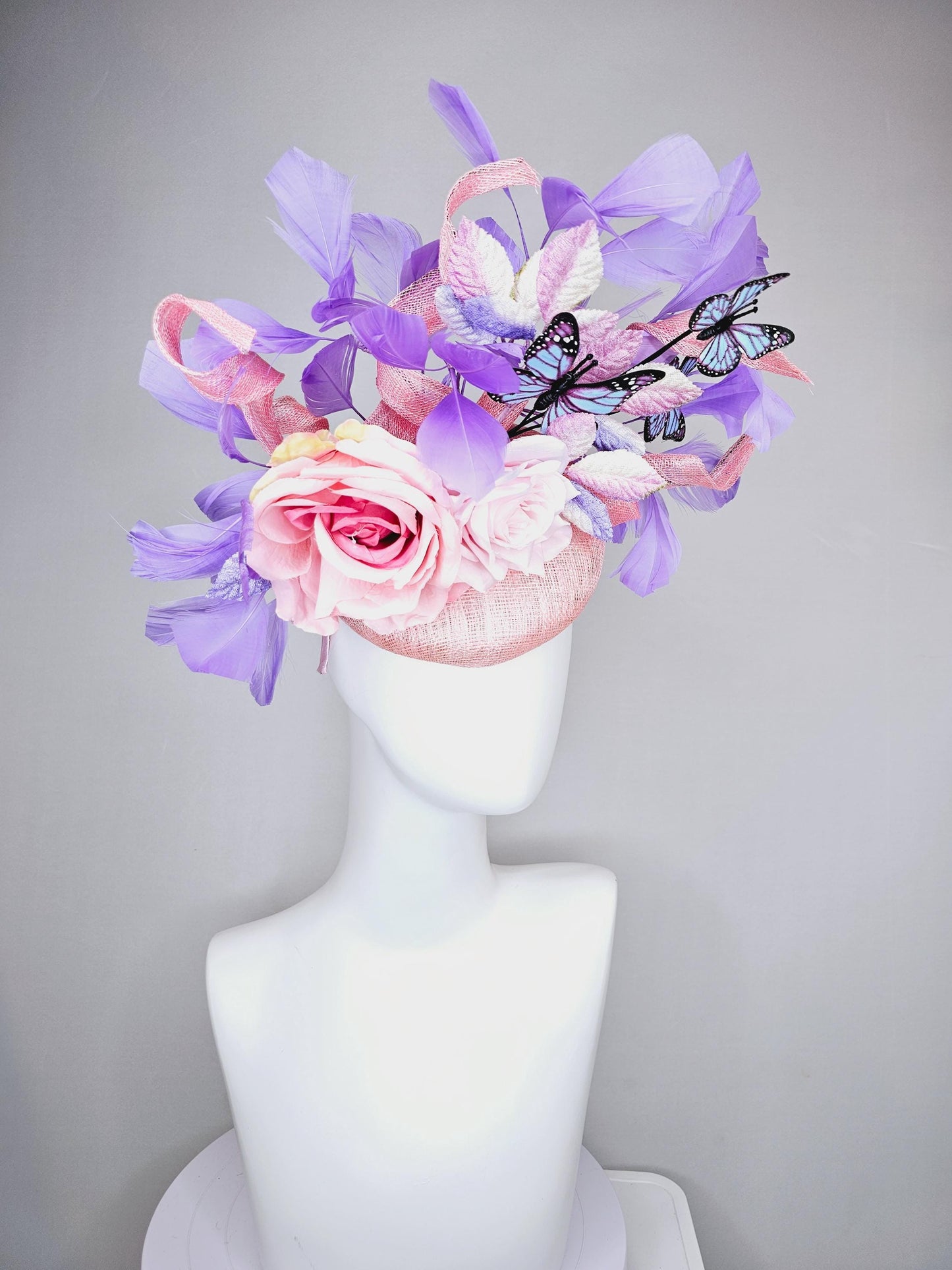 kentucky derby hat fascinator blush pink sinamay w/curls,light pink satin roses,pink purple leaves,lavender purple feathers,blue butterflies
