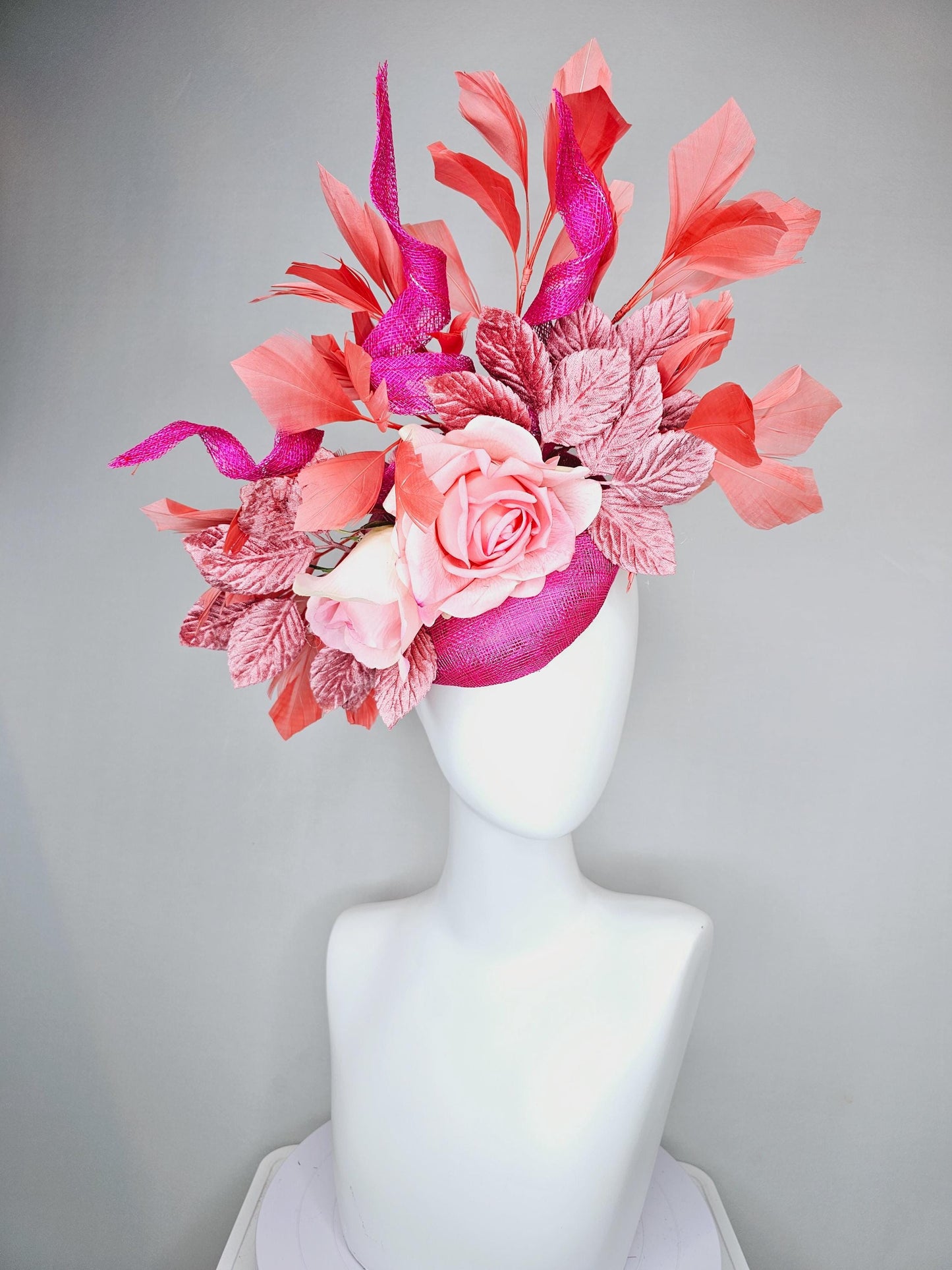 kentucky derby hat fascinator fuchsia pink sinamay with curls, light pink satin roses, dusty pink leaves, coral orange branching feathers