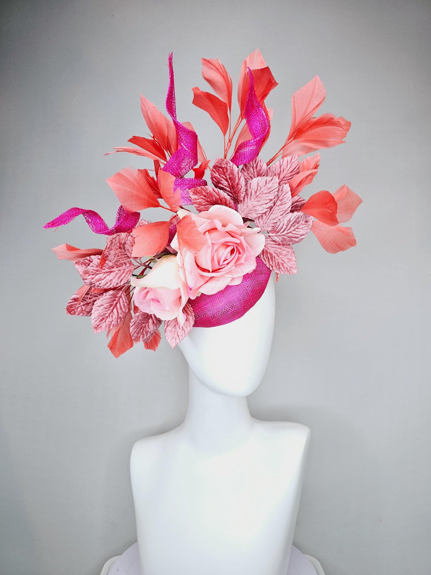 kentucky derby hat fascinator fuchsia pink sinamay with curls, light pink satin roses, dusty pink leaves, coral orange branching feathers