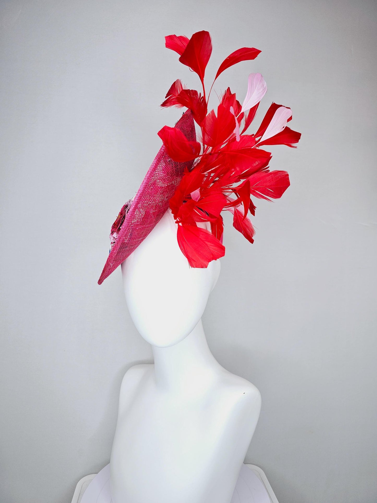 kentucky derby hat fascinator raspberry pink sinamay saucer with red pink blue green floral embroidered, scarlet red and light pink feathers