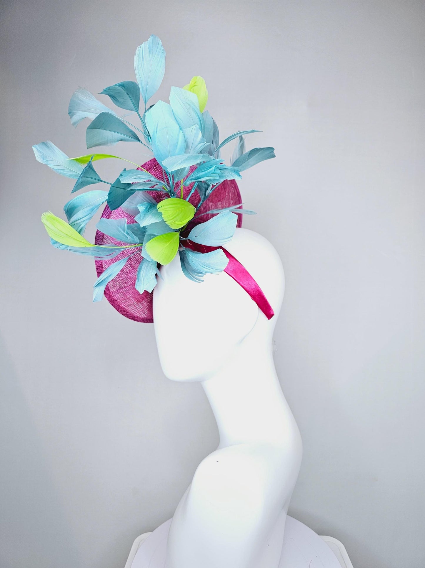 kentucky derby hat fascinator hot pink saucer with red green organza embroidered flowers,lime yellow green and sky blue branching feathers