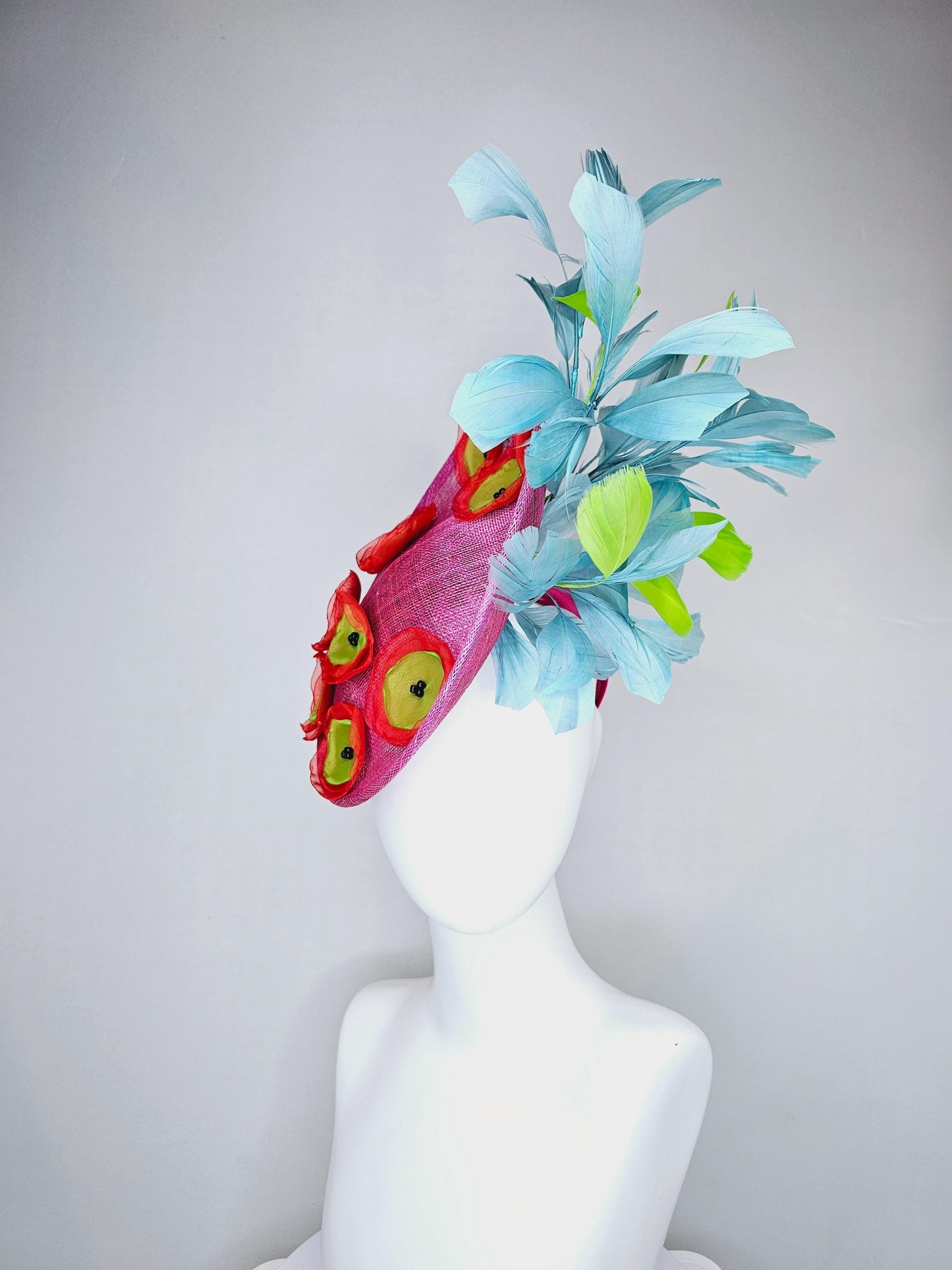 kentucky derby hat fascinator hot pink saucer with red green organza embroidered flowers,lime yellow green and sky blue branching feathers