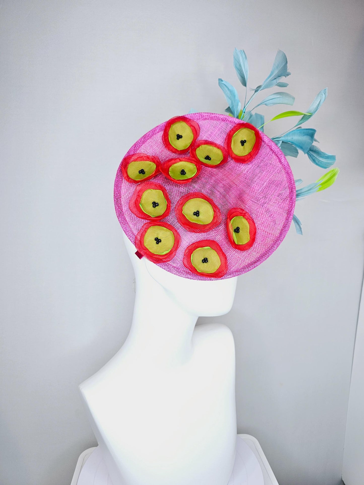 kentucky derby hat fascinator hot pink saucer with red green organza embroidered flowers,lime yellow green and sky blue branching feathers