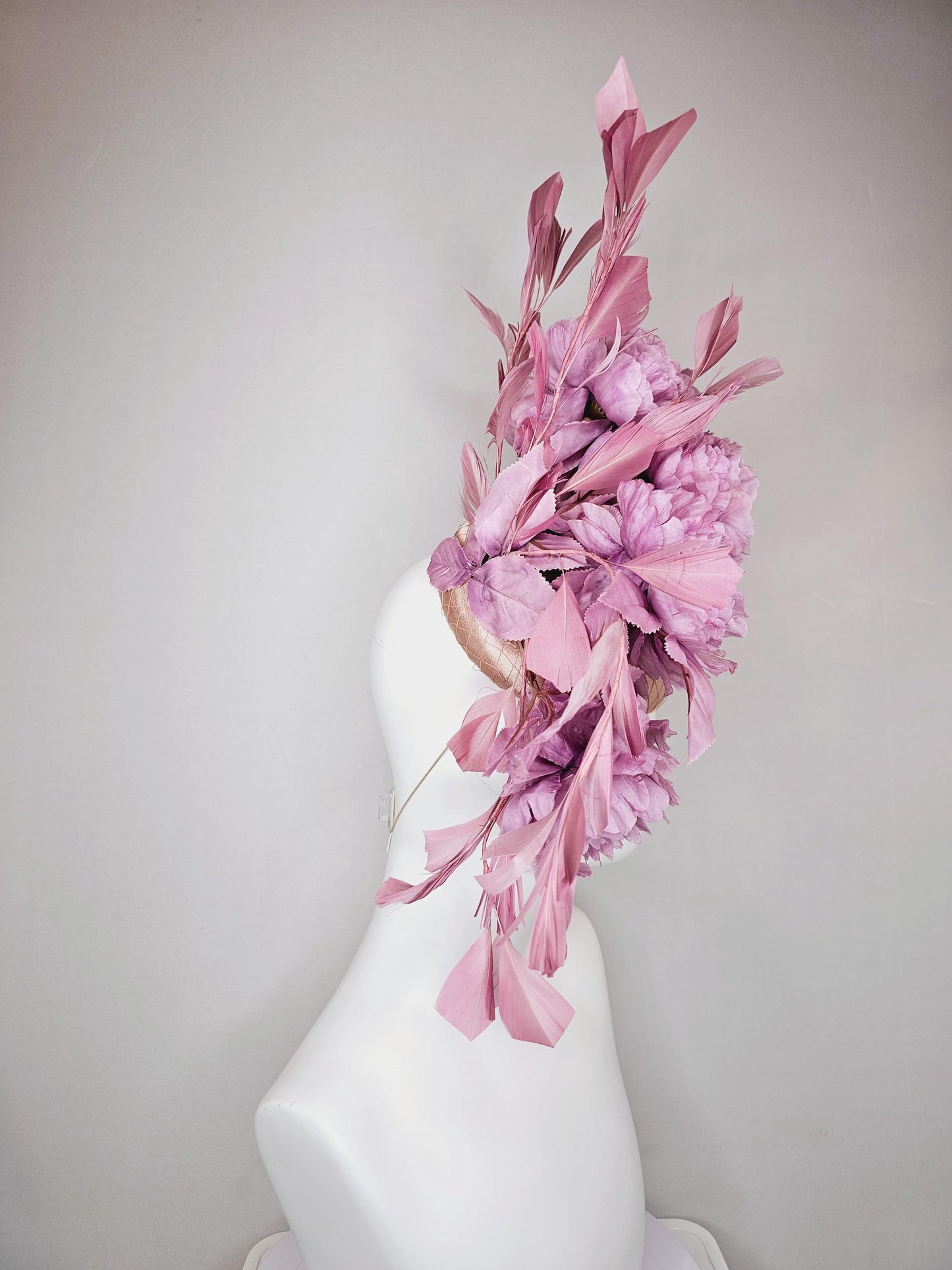 kentucky derby hat fascinator champagne pink satin with netting,light purple satin silk flowers and leaves,blush pink branching feathers