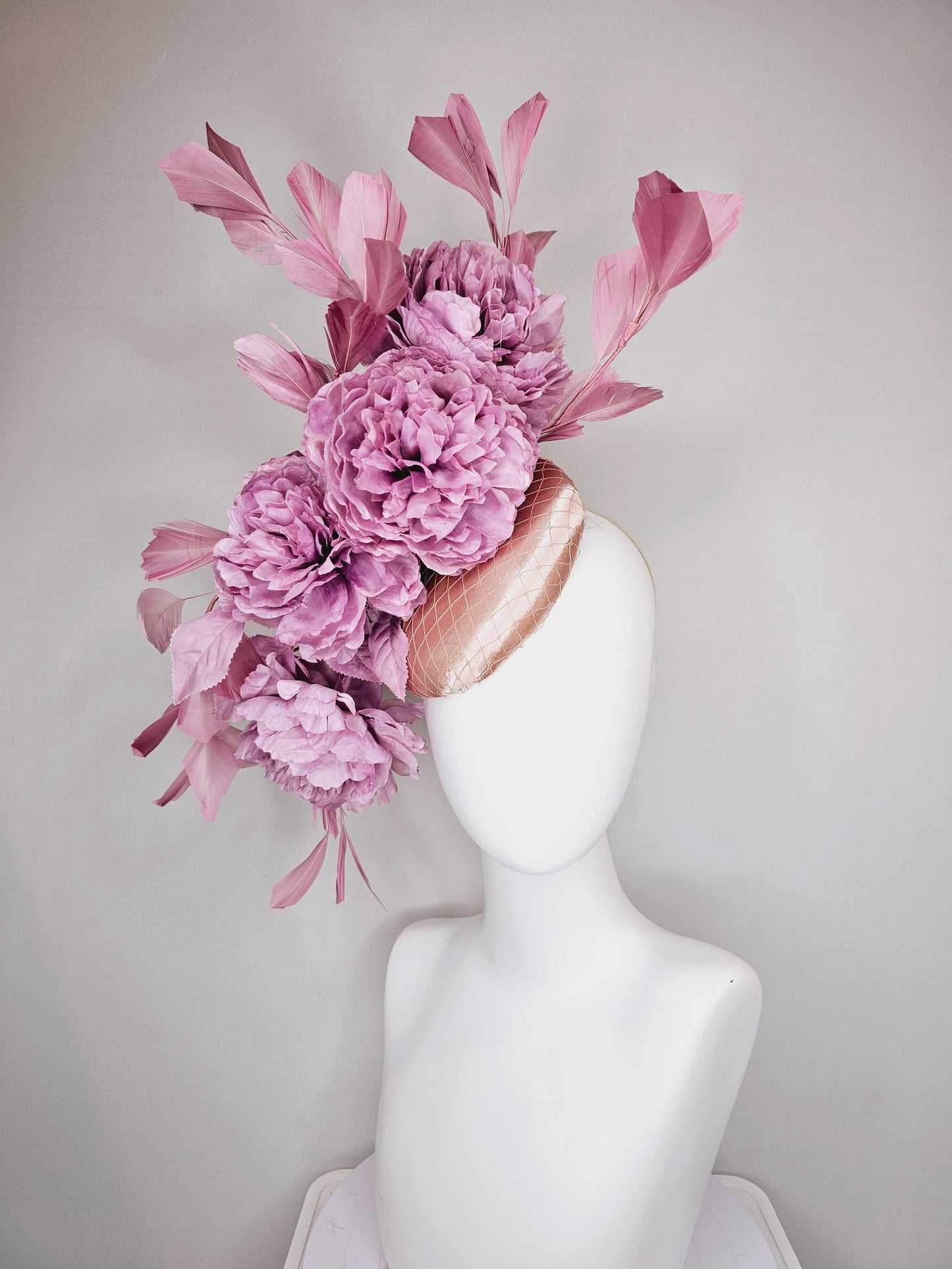 kentucky derby hat fascinator champagne pink satin with netting,light purple satin silk flowers and leaves,blush pink branching feathers