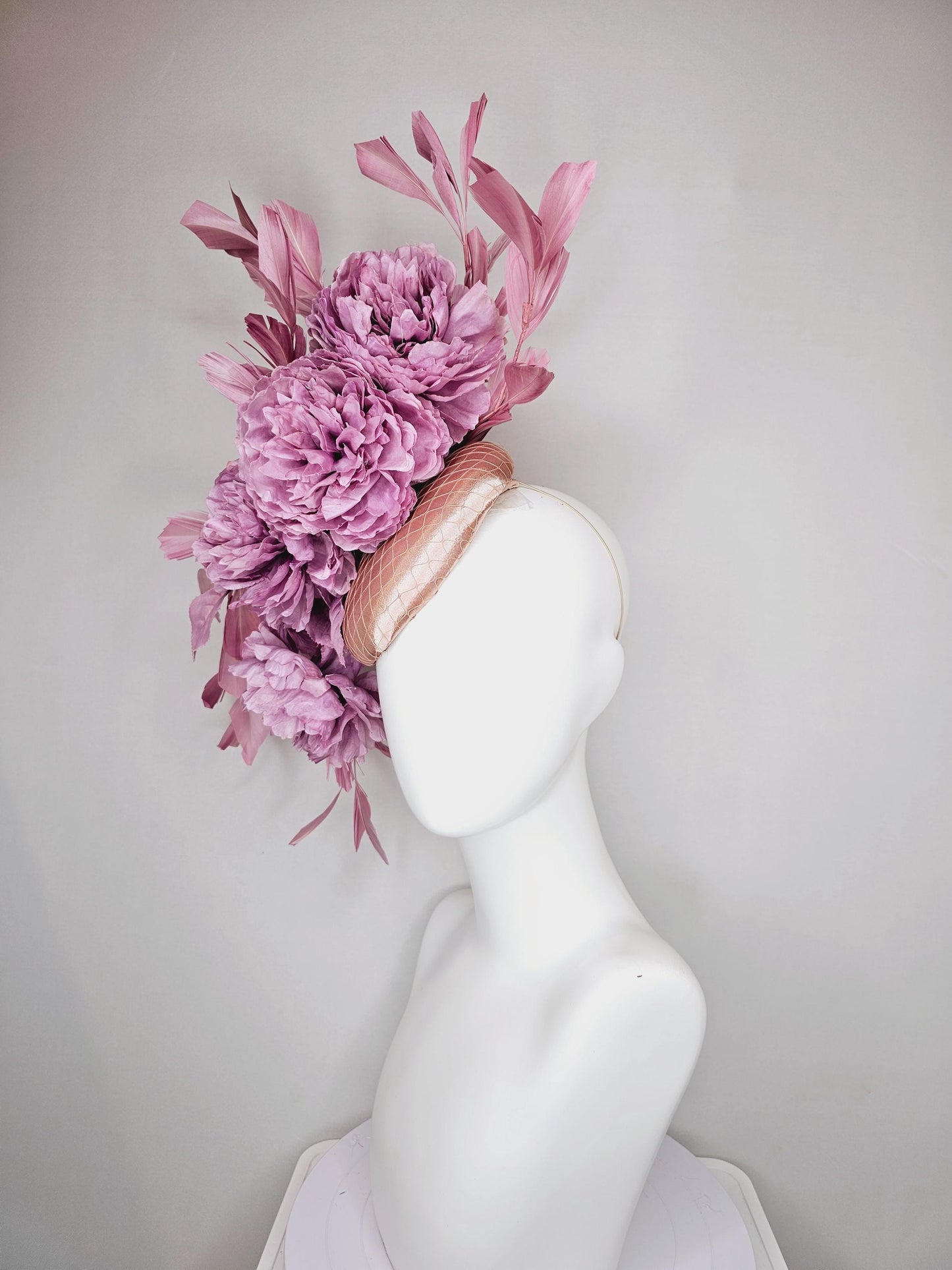 kentucky derby hat fascinator champagne pink satin with netting,light purple satin silk flowers and leaves,blush pink branching feathers