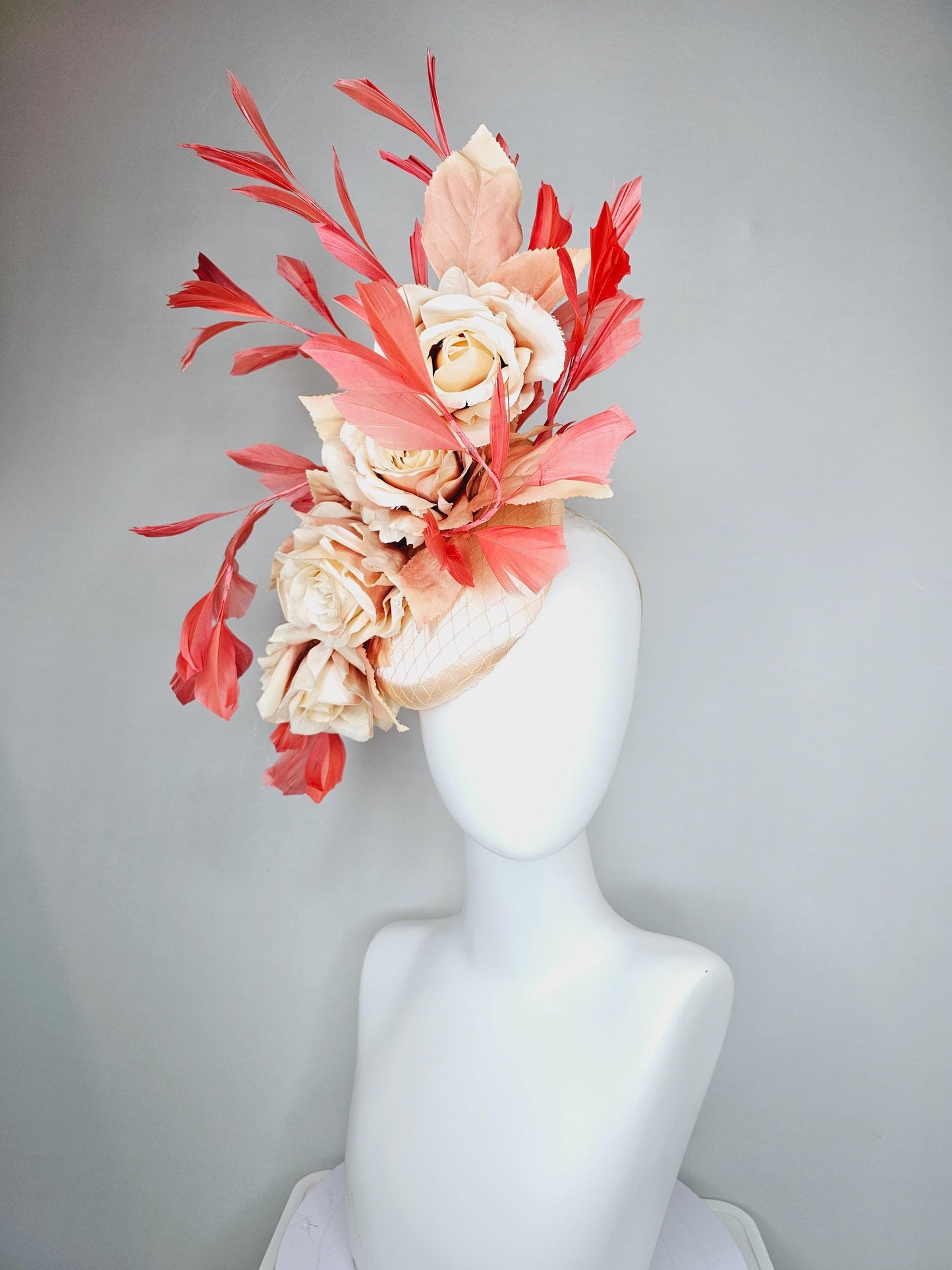 kentucky derby hat fascinator neutral champagne satin with netting,beige tan satin silk roses,beige leaves,coral orange branching feathers