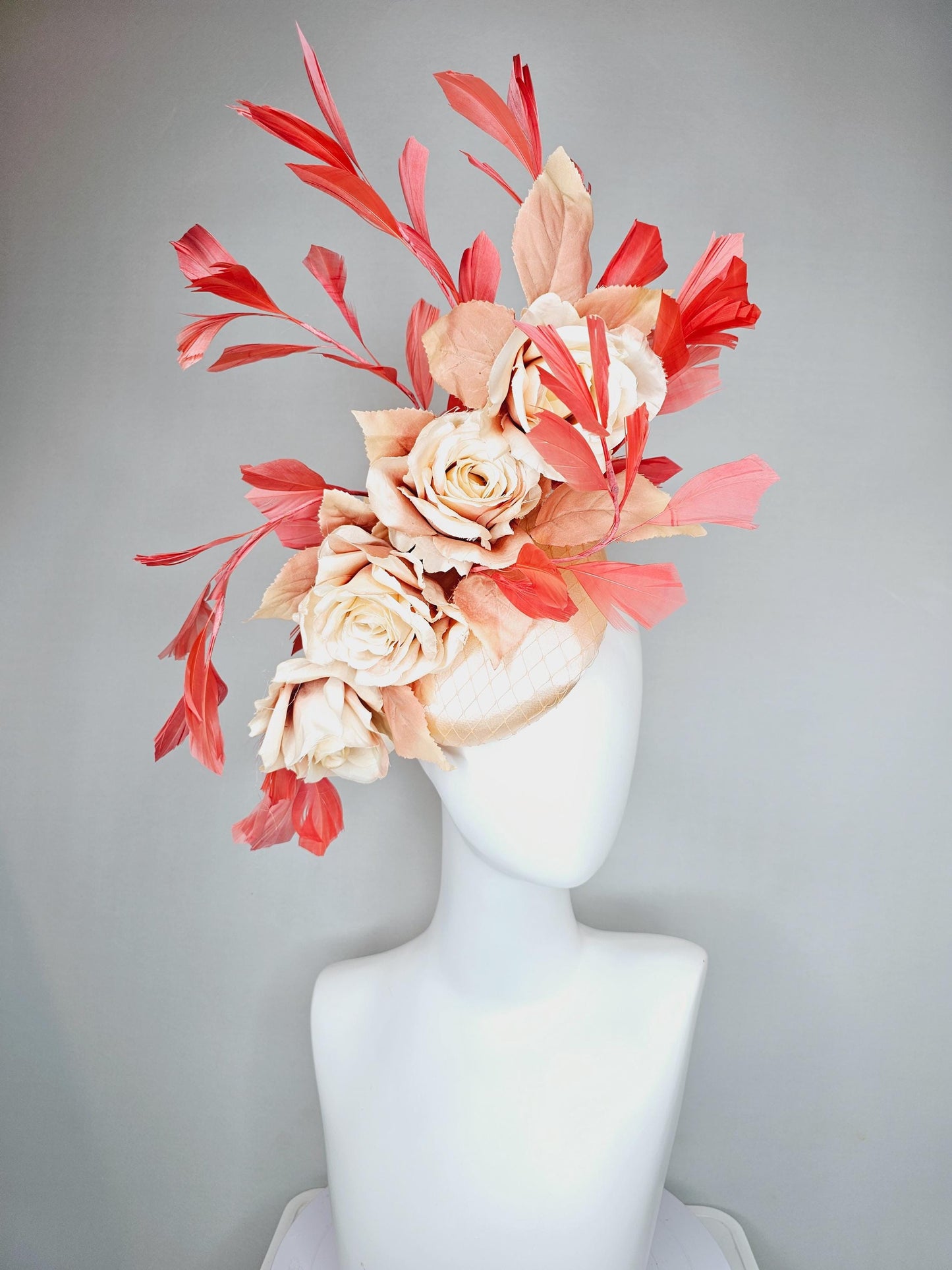 kentucky derby hat fascinator neutral champagne satin with netting,beige tan satin silk roses,beige leaves,coral orange branching feathers