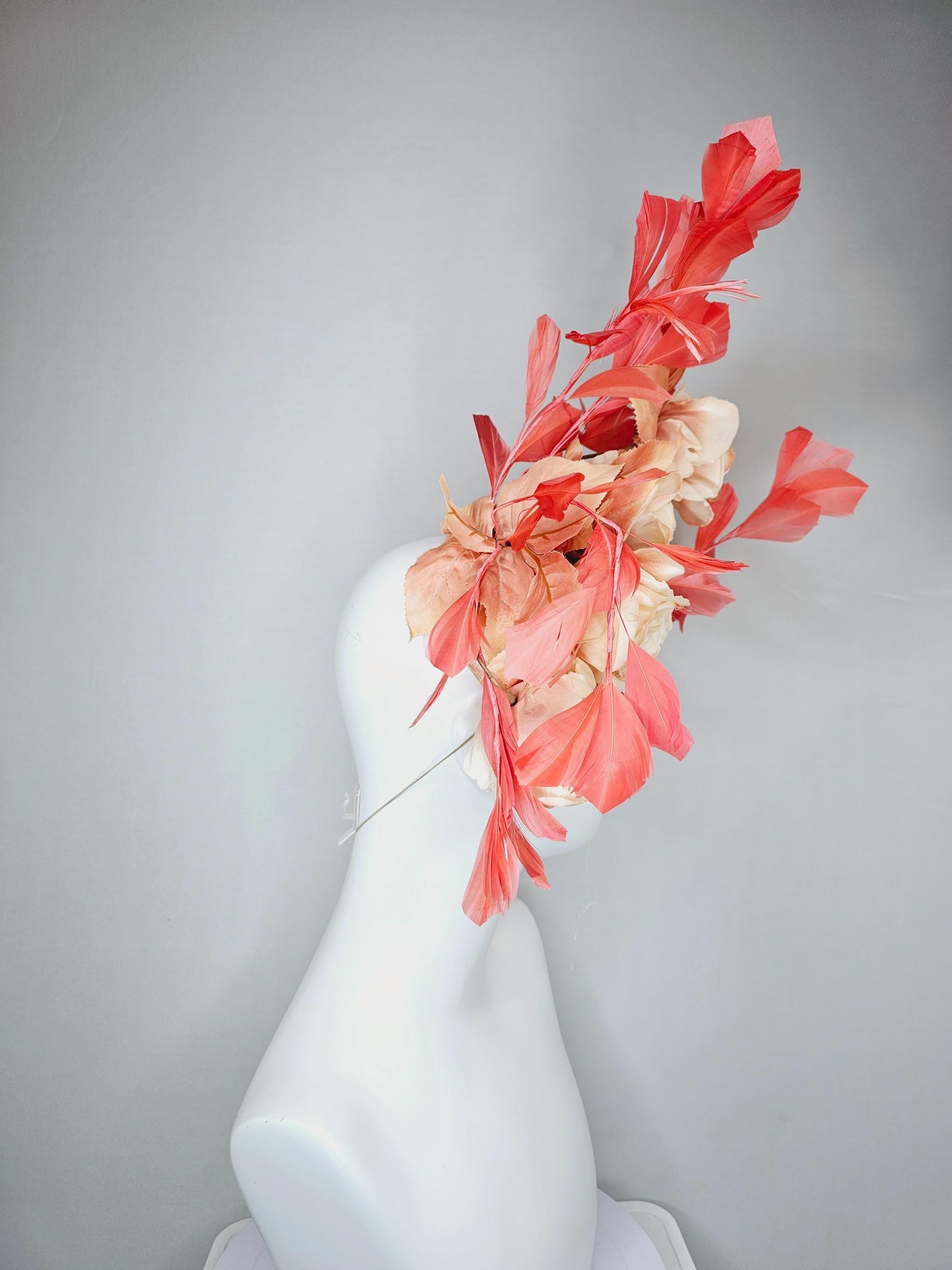 kentucky derby hat fascinator neutral champagne satin with netting,beige tan satin silk roses,beige leaves,coral orange branching feathers
