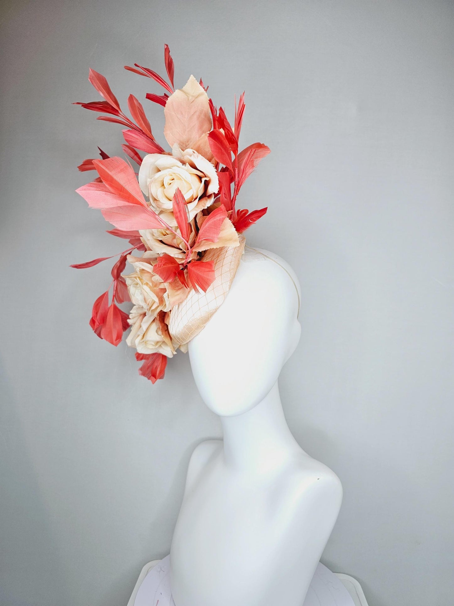 kentucky derby hat fascinator neutral champagne satin with netting,beige tan satin silk roses,beige leaves,coral orange branching feathers