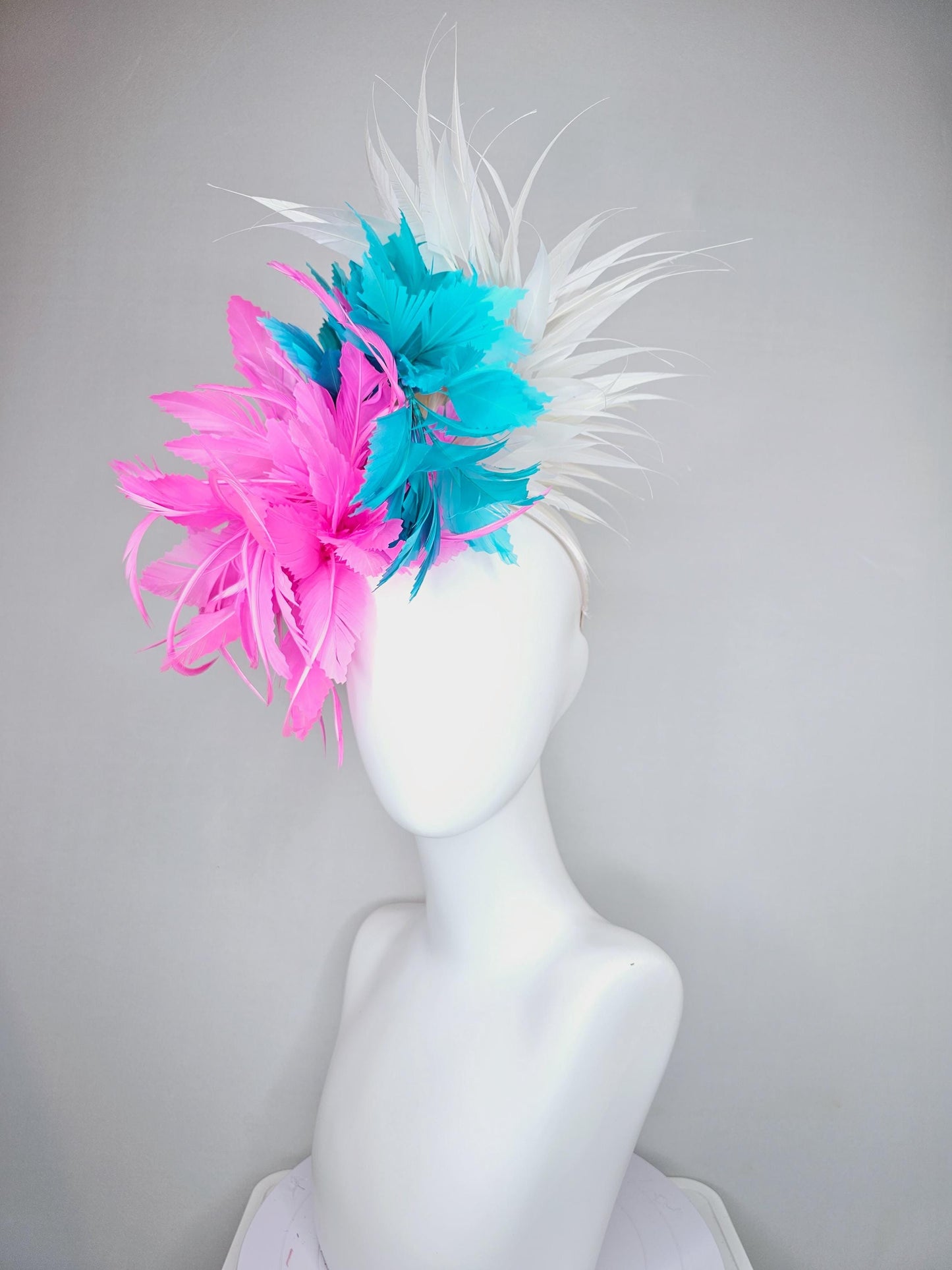 kentucky derby hat fascinator bright hot pink fluffy feather flower,turquoise blue branching feathers and white pointy feathers