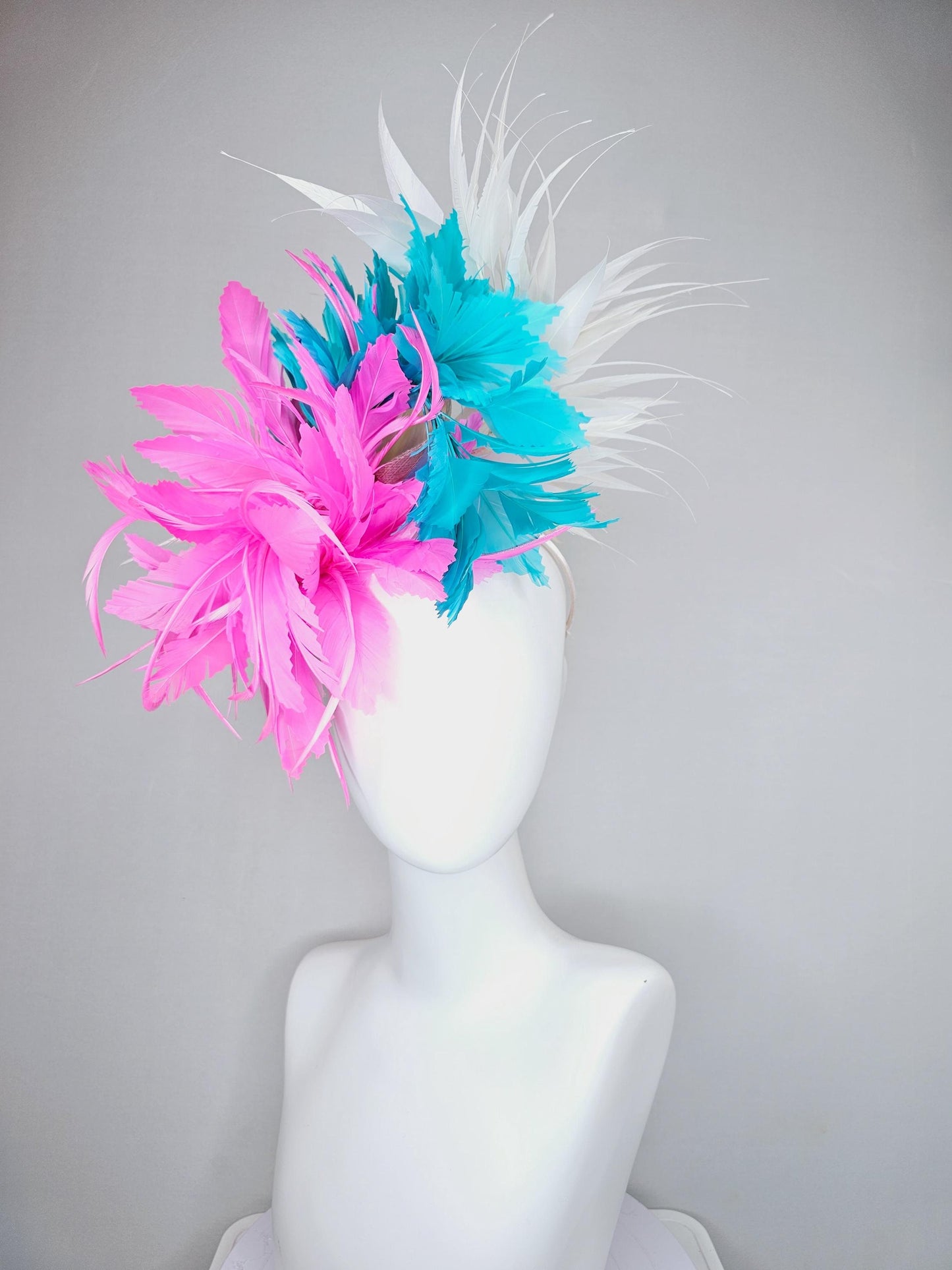 kentucky derby hat fascinator bright hot pink fluffy feather flower,turquoise blue branching feathers and white pointy feathers