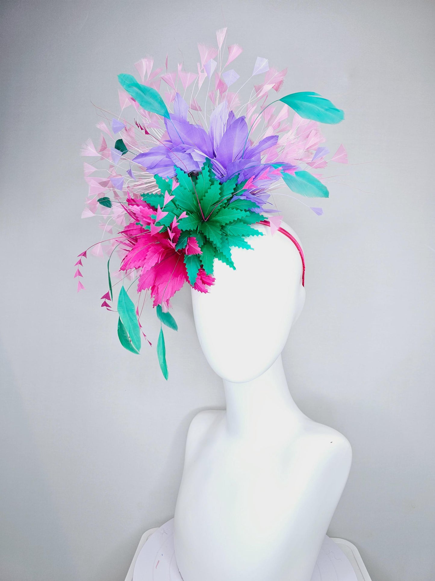 kentucky derby hat fascinator hot pink and green zigzag feather flowers, w/ colorful purple,turquoise blue and light pink branching feathers