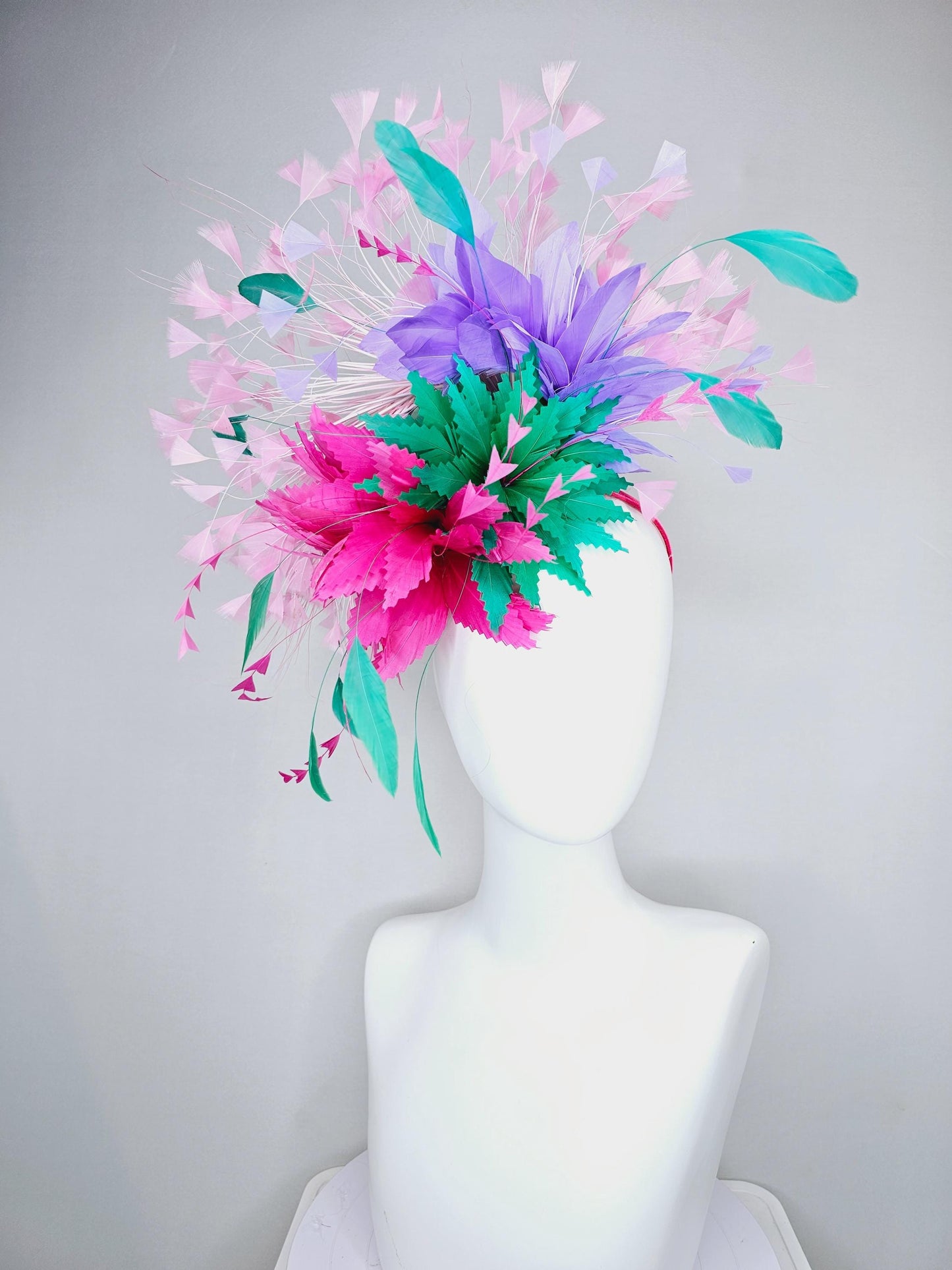 kentucky derby hat fascinator hot pink and green zigzag feather flowers, w/ colorful purple,turquoise blue and light pink branching feathers