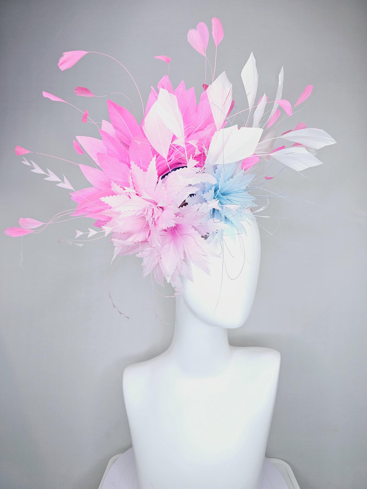 kentucky derby hat fascinator zigzag light pink and light baby blue feather flowers with blush pink and white branching feathers