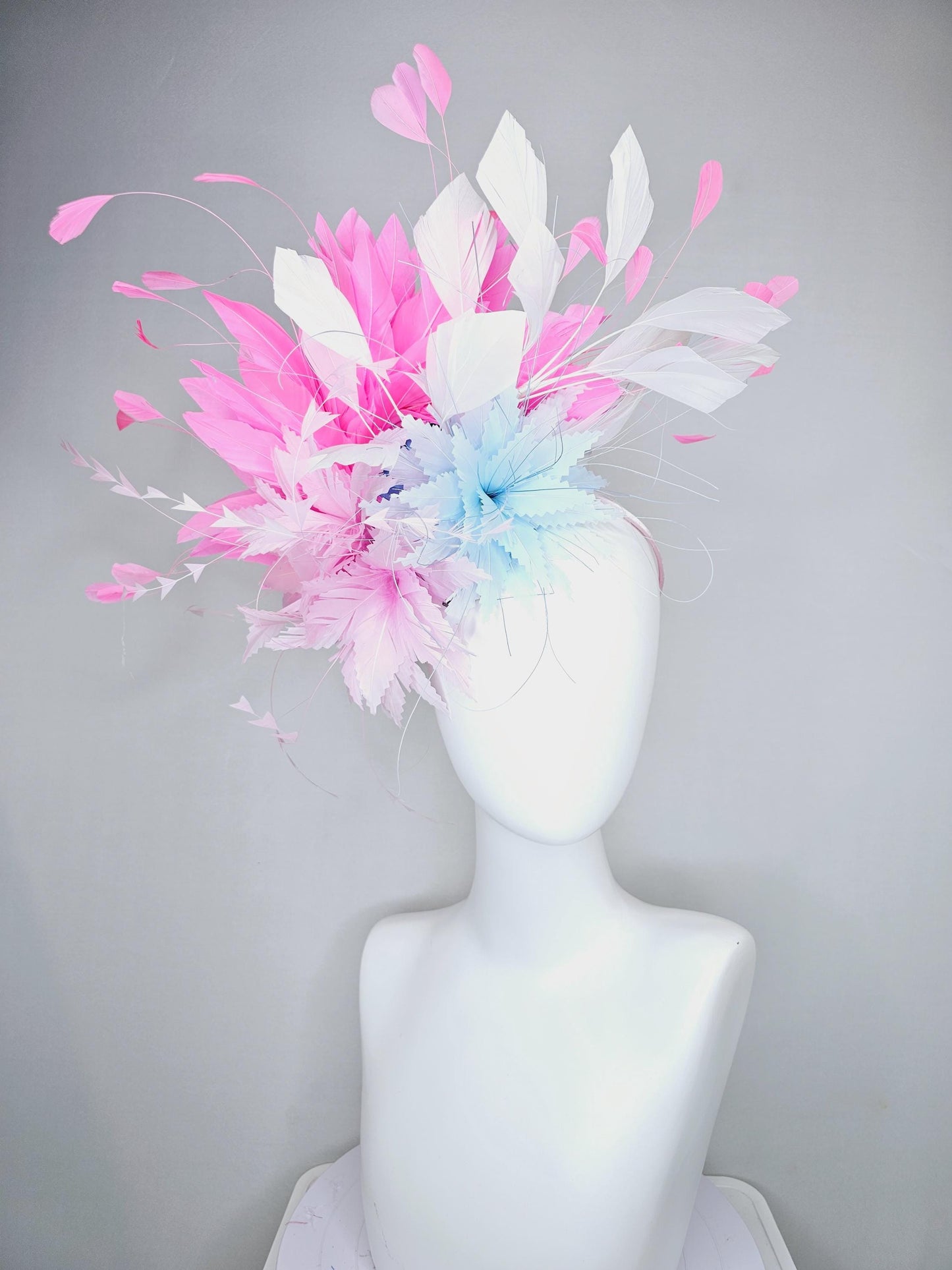 kentucky derby hat fascinator zigzag light pink and light baby blue feather flowers with blush pink and white branching feathers