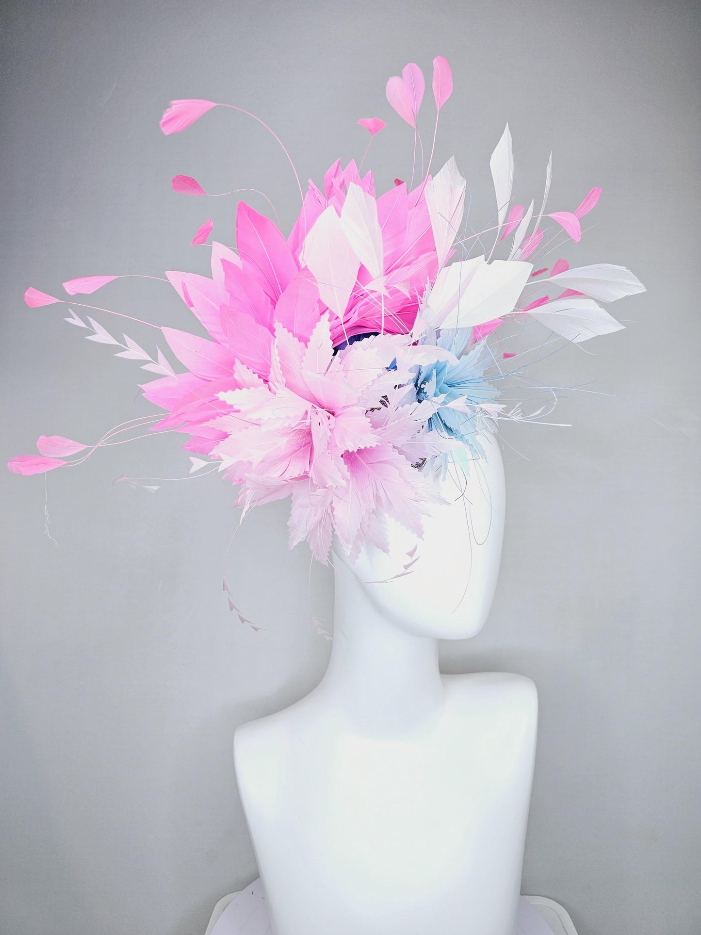 kentucky derby hat fascinator zigzag light pink and light baby blue feather flowers with blush pink and white branching feathers
