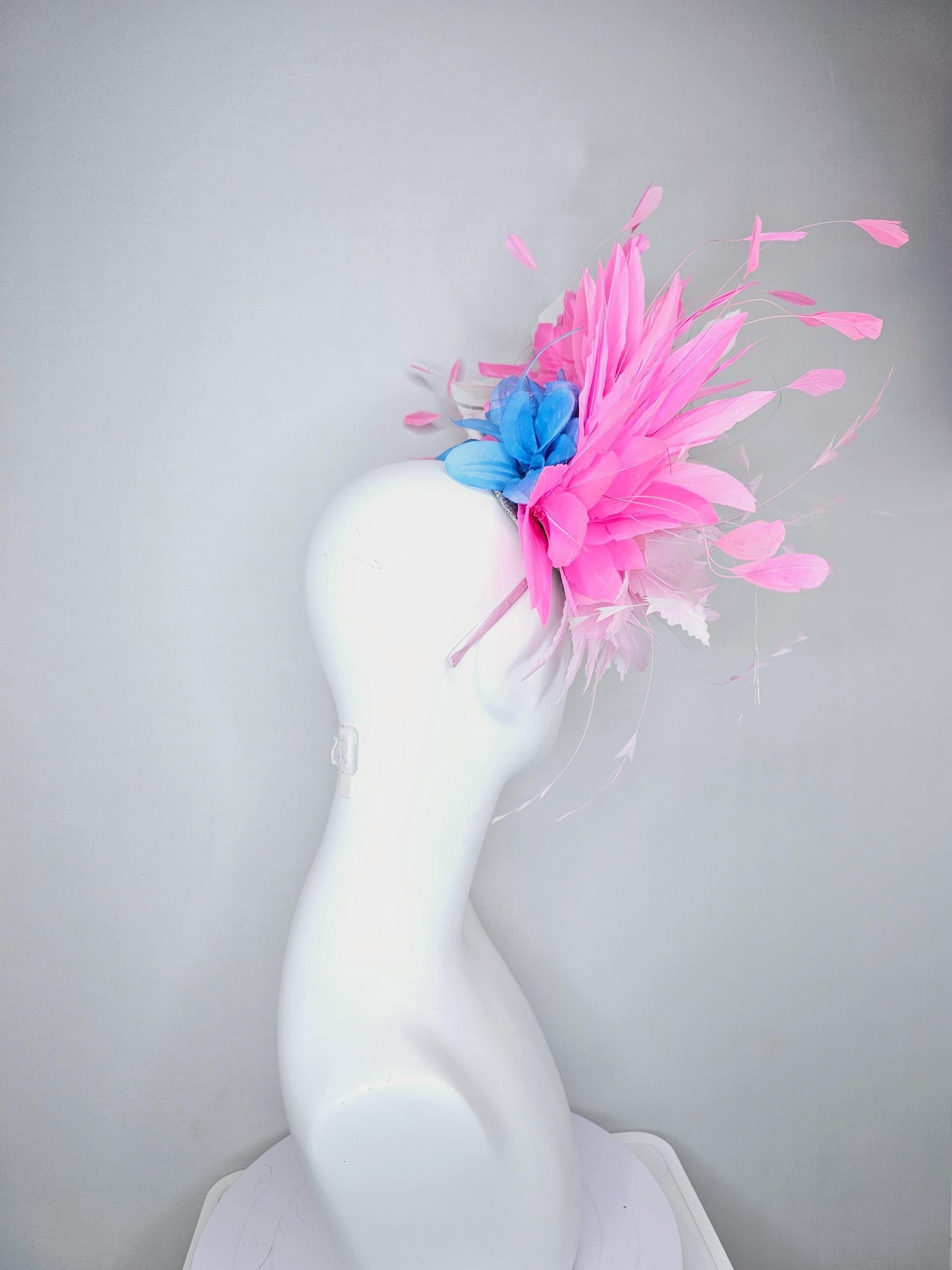 kentucky derby hat fascinator zigzag light pink and light baby blue feather flowers with blush pink and white branching feathers