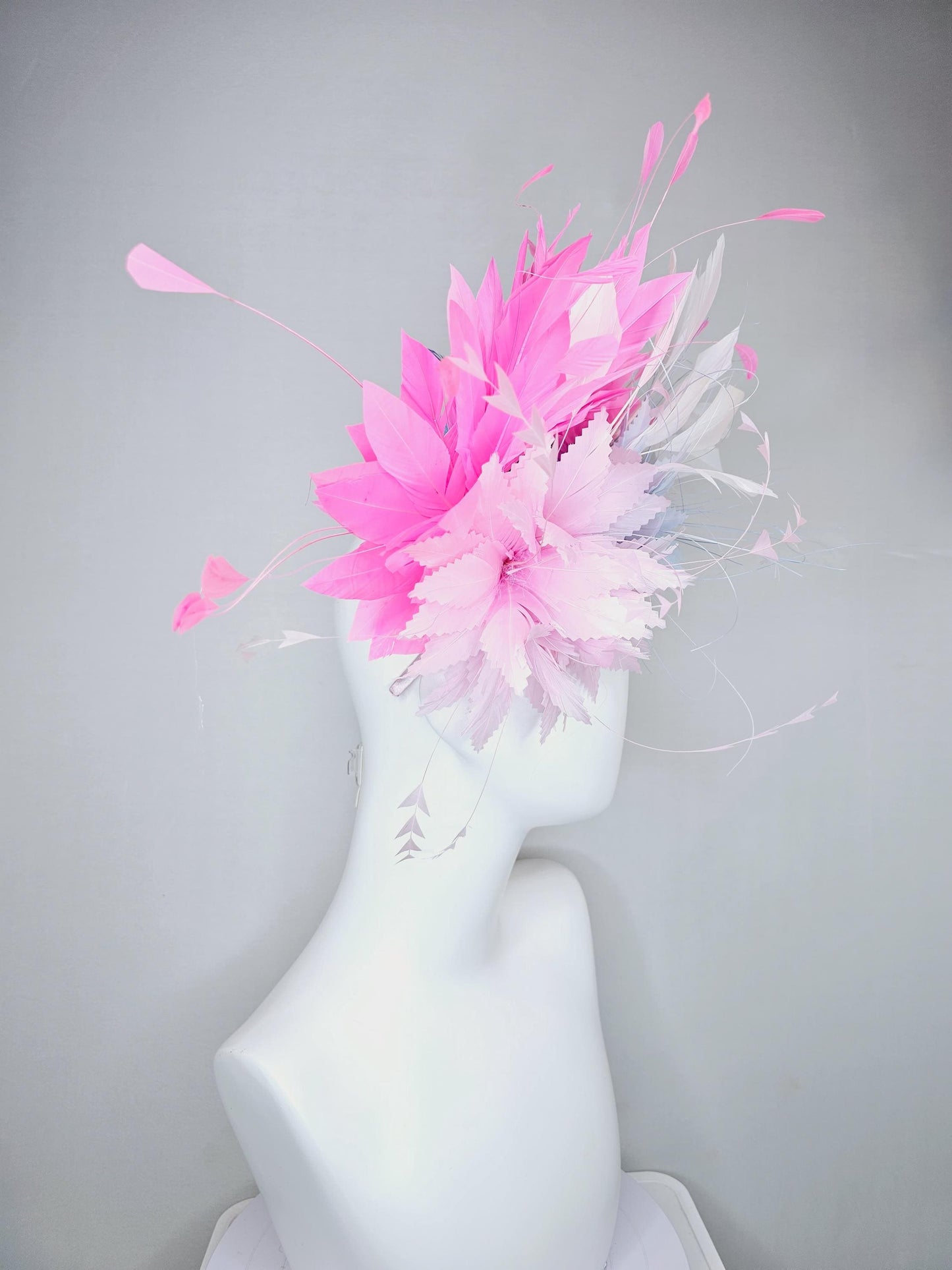 kentucky derby hat fascinator zigzag light pink and light baby blue feather flowers with blush pink and white branching feathers