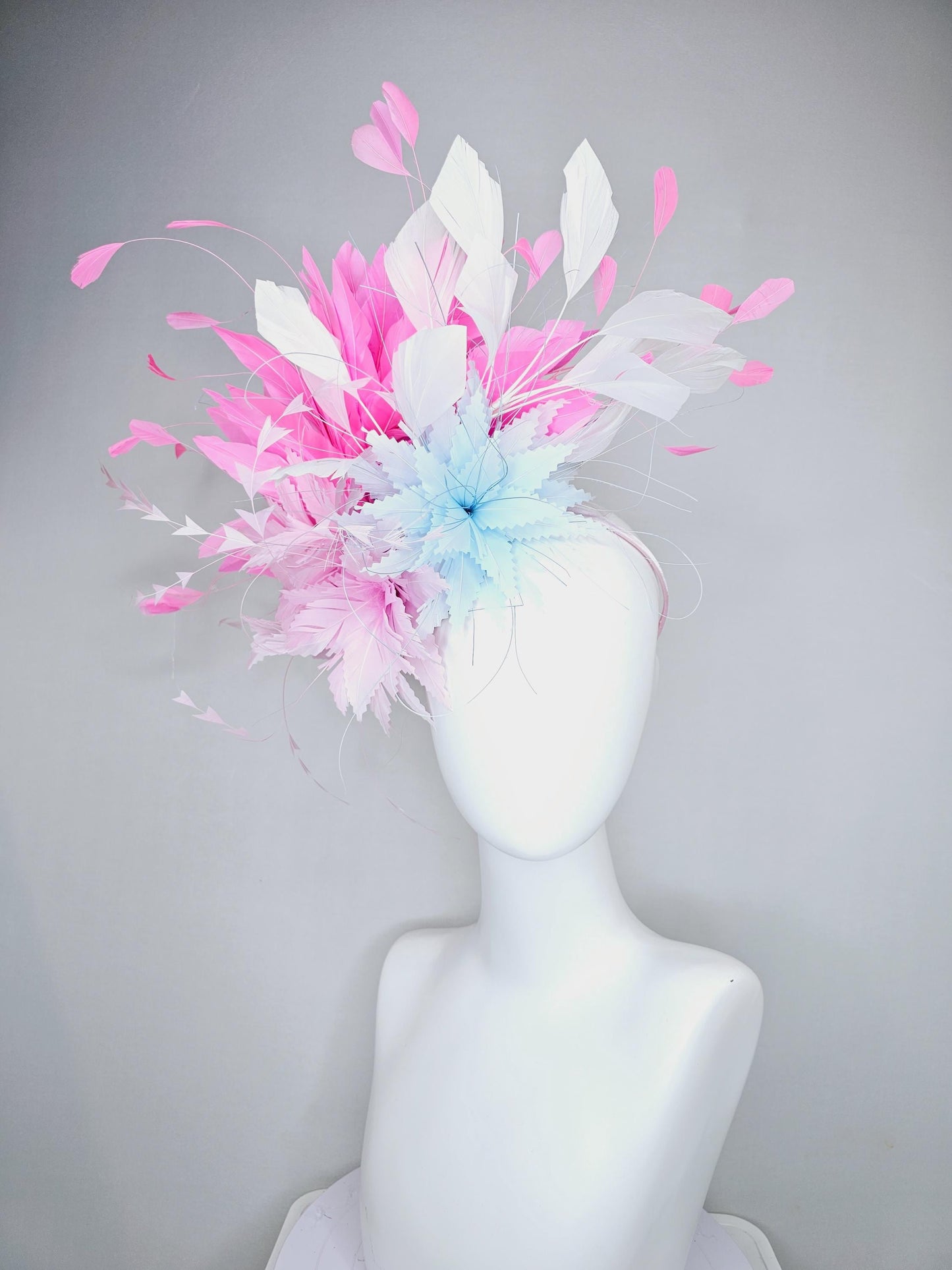 kentucky derby hat fascinator zigzag light pink and light baby blue feather flowers with blush pink and white branching feathers