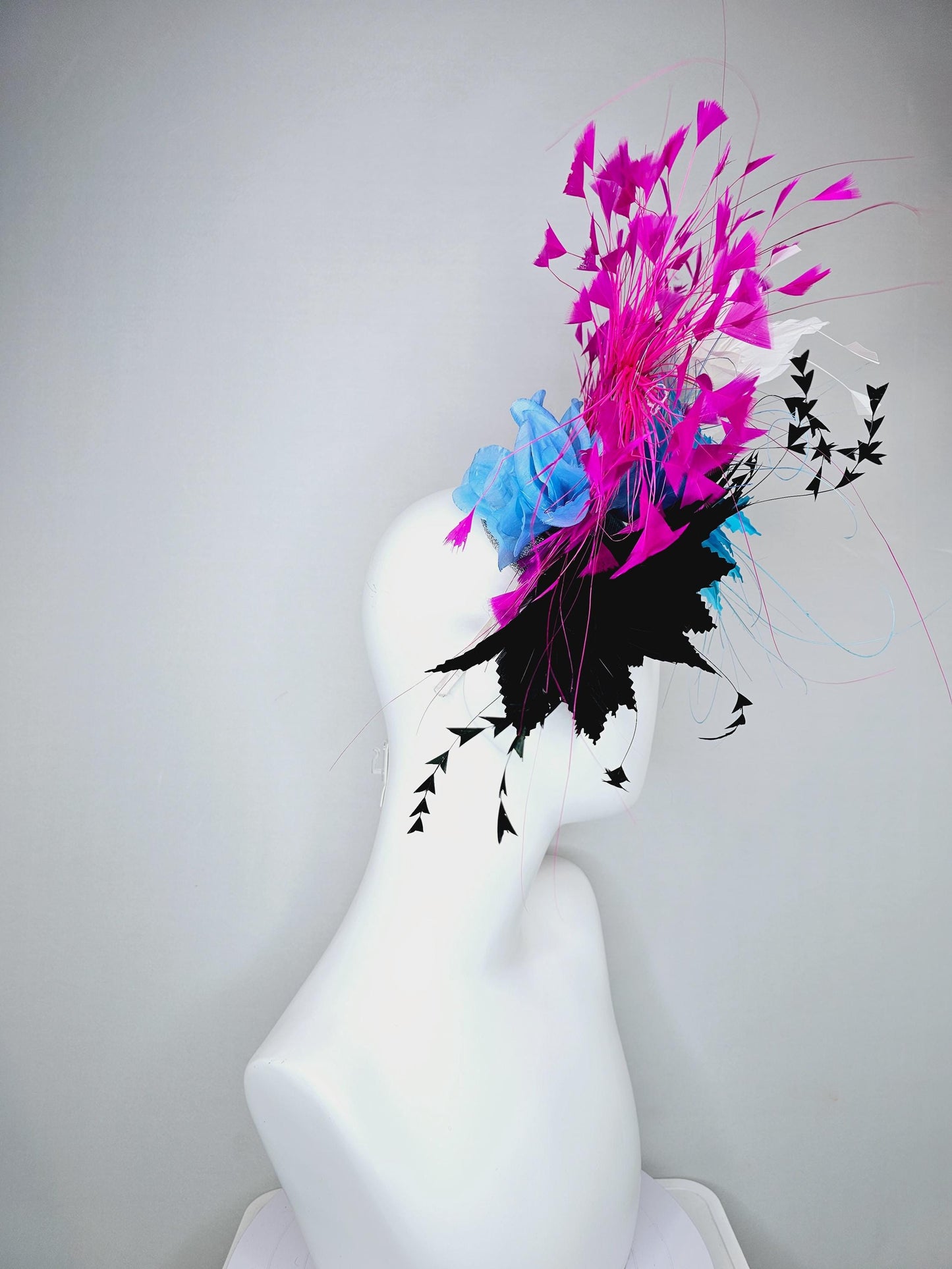 kentucky derby hat fascinator colorful zigzag sky turquoise blue and black feather flowers with white and fuchsia pink branching feathers