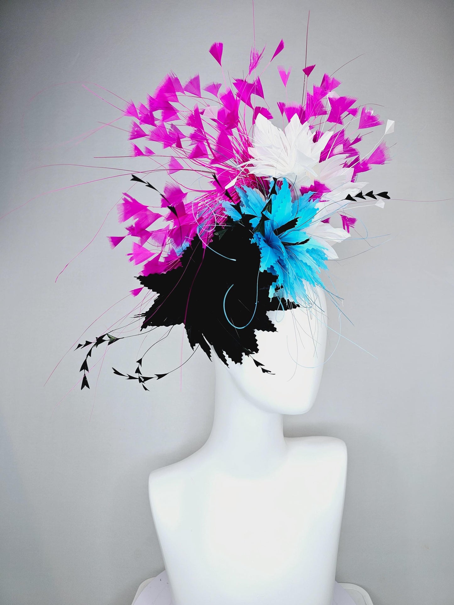 kentucky derby hat fascinator colorful zigzag sky turquoise blue and black feather flowers with white and fuchsia pink branching feathers