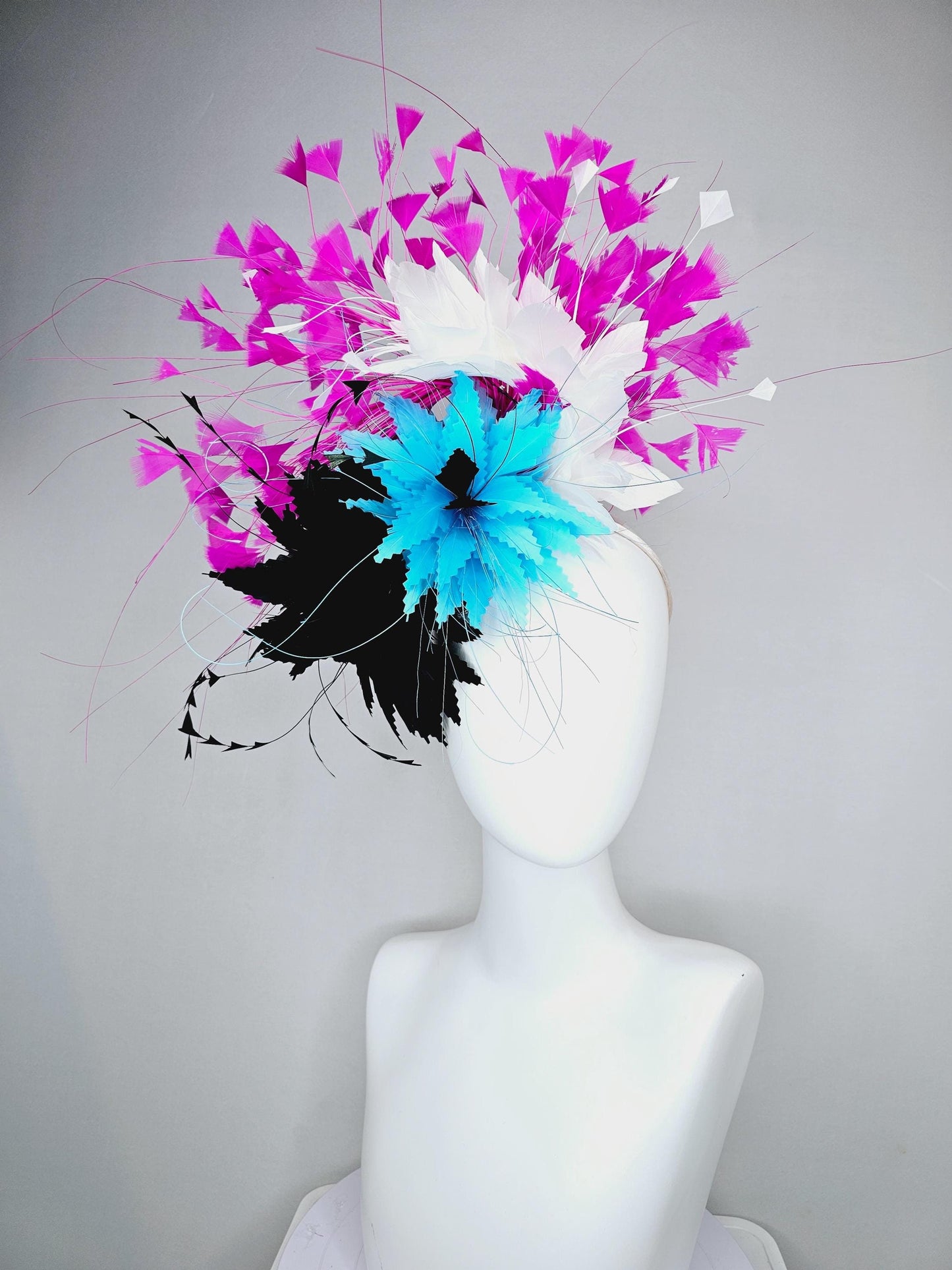 kentucky derby hat fascinator colorful zigzag sky turquoise blue and black feather flowers with white and fuchsia pink branching feathers