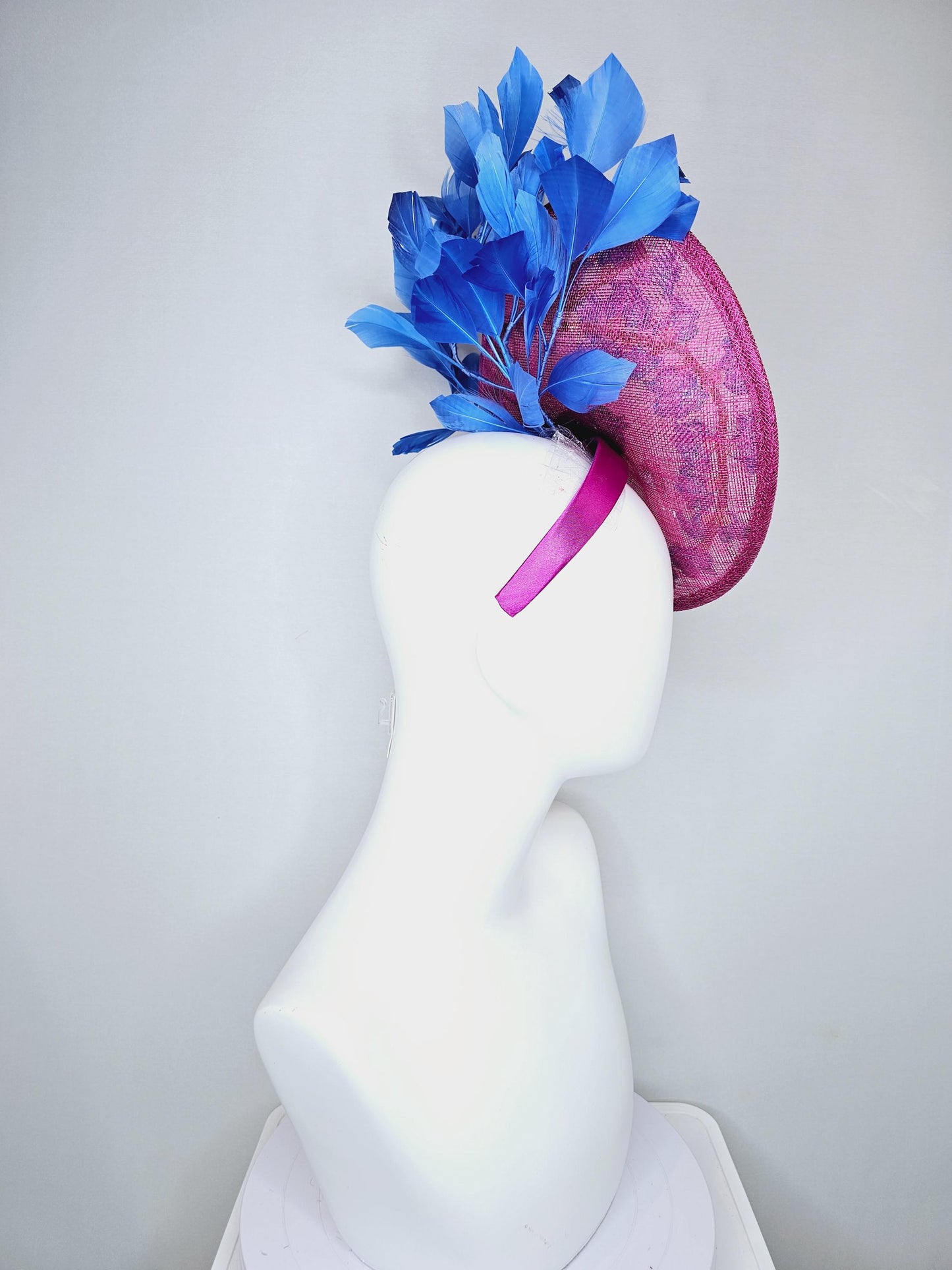 kentucky derby hat fascinator magenta pink sinamay saucer with blue gray embroidered flowers bird butterfly cobalt blue branching feathers