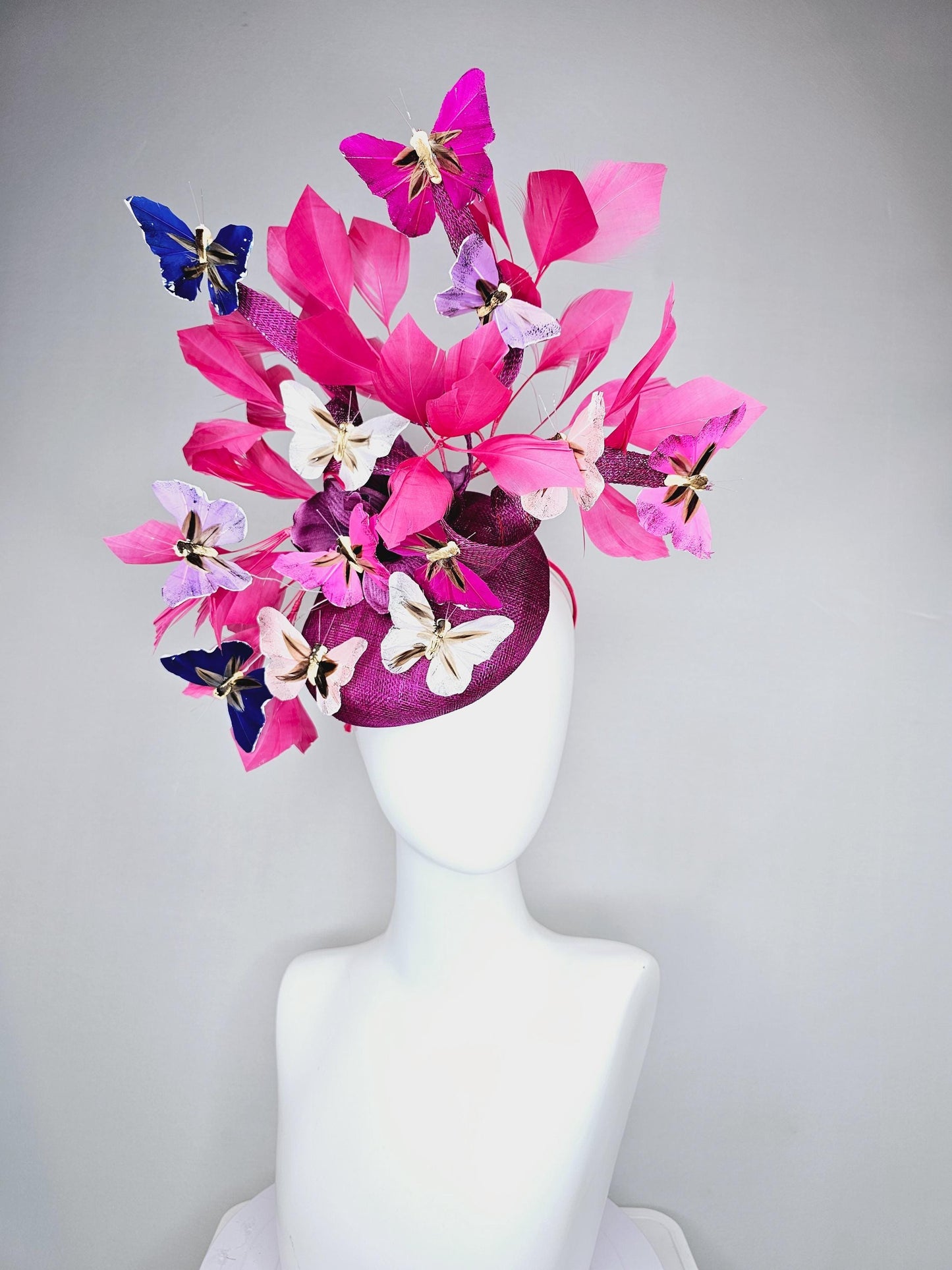 kentucky derby hat fascinator purple pink magenta sinamay with curls,pink feathers,colorful rainbow white,blue,purple,lavender butterflies