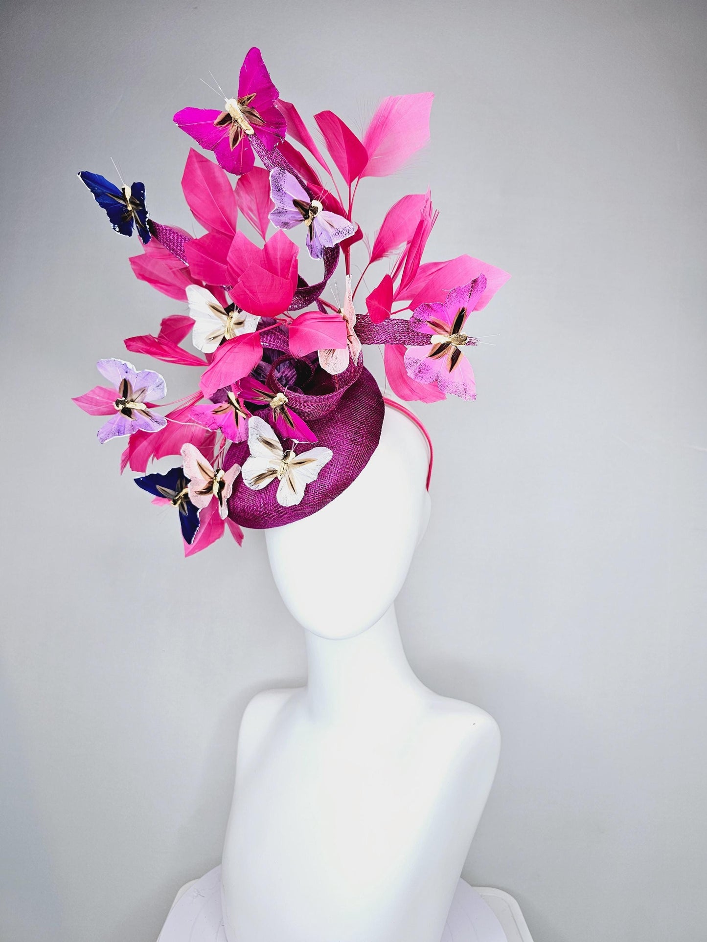 kentucky derby hat fascinator purple pink magenta sinamay with curls,pink feathers,colorful rainbow white,blue,purple,lavender butterflies