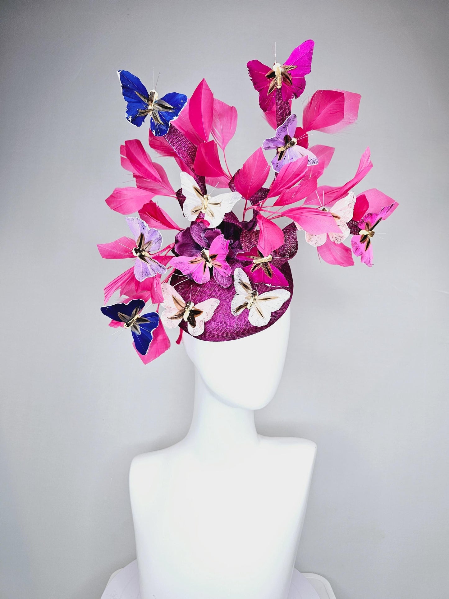 kentucky derby hat fascinator purple pink magenta sinamay with curls,pink feathers,colorful rainbow white,blue,purple,lavender butterflies