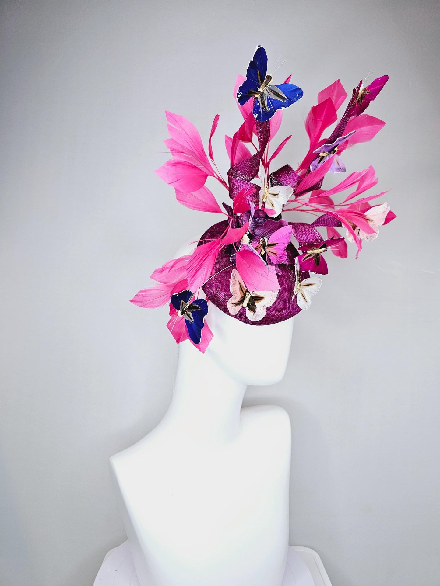 kentucky derby hat fascinator purple pink magenta sinamay with curls,pink feathers,colorful rainbow white,blue,purple,lavender butterflies