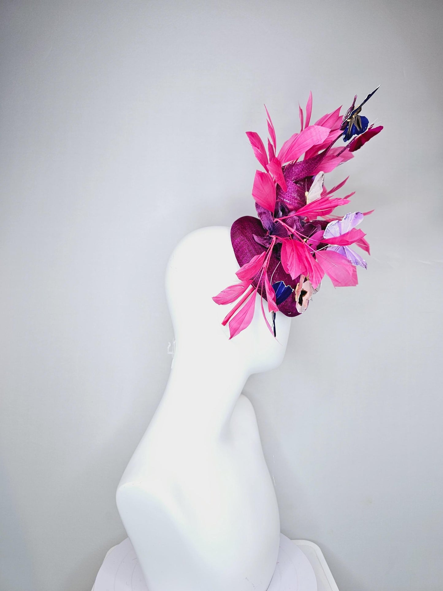 kentucky derby hat fascinator purple pink magenta sinamay with curls,pink feathers,colorful rainbow white,blue,purple,lavender butterflies
