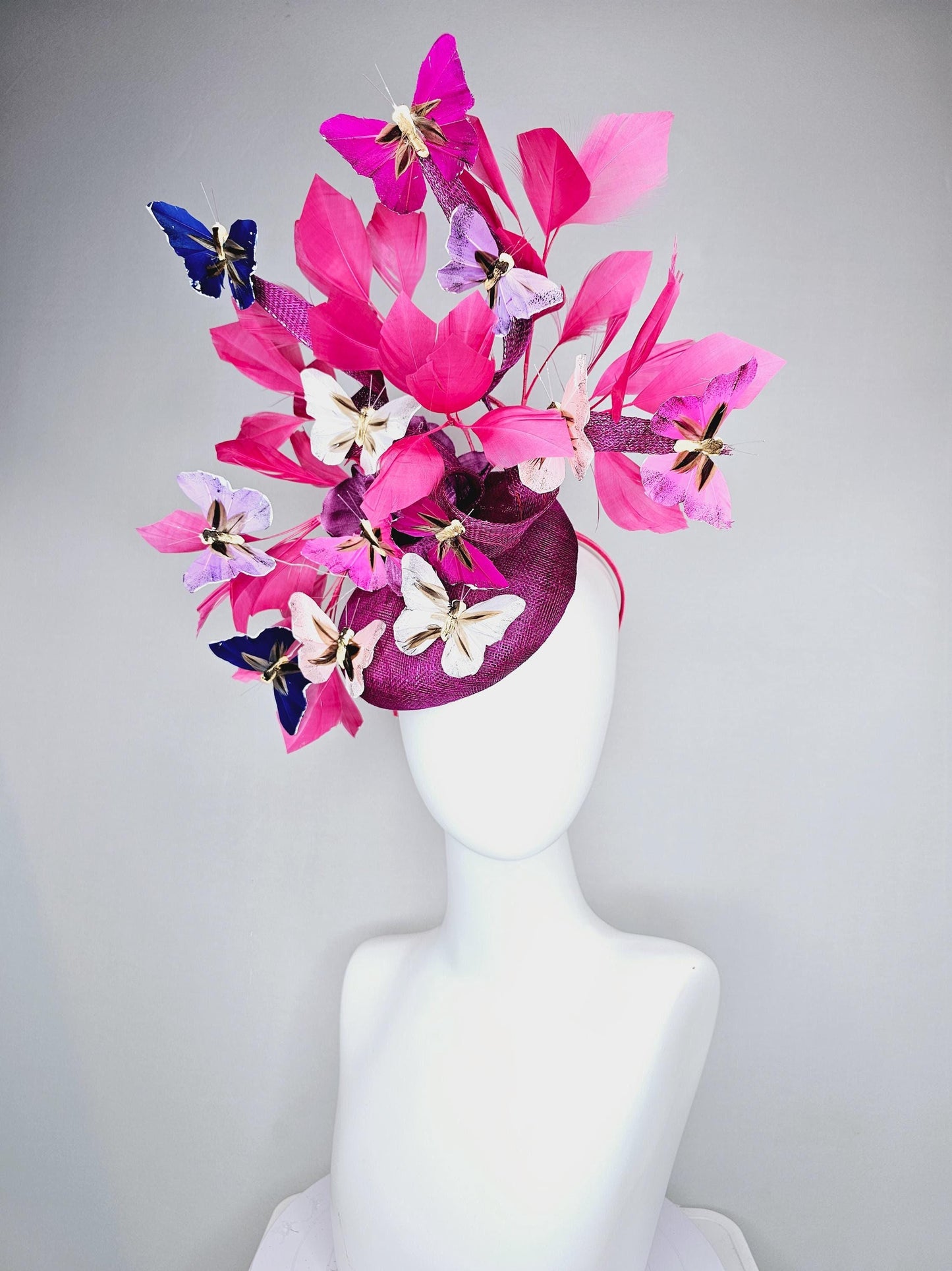 kentucky derby hat fascinator purple pink magenta sinamay with curls,pink feathers,colorful rainbow white,blue,purple,lavender butterflies