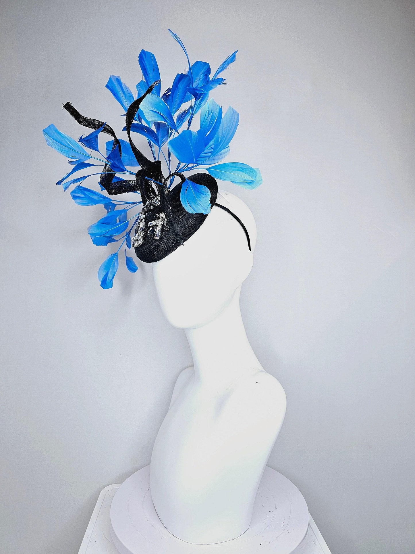 kentucky derby hat fascinator black sinamay with blue black clear taupe crystal jewels with turquoise blue feathers