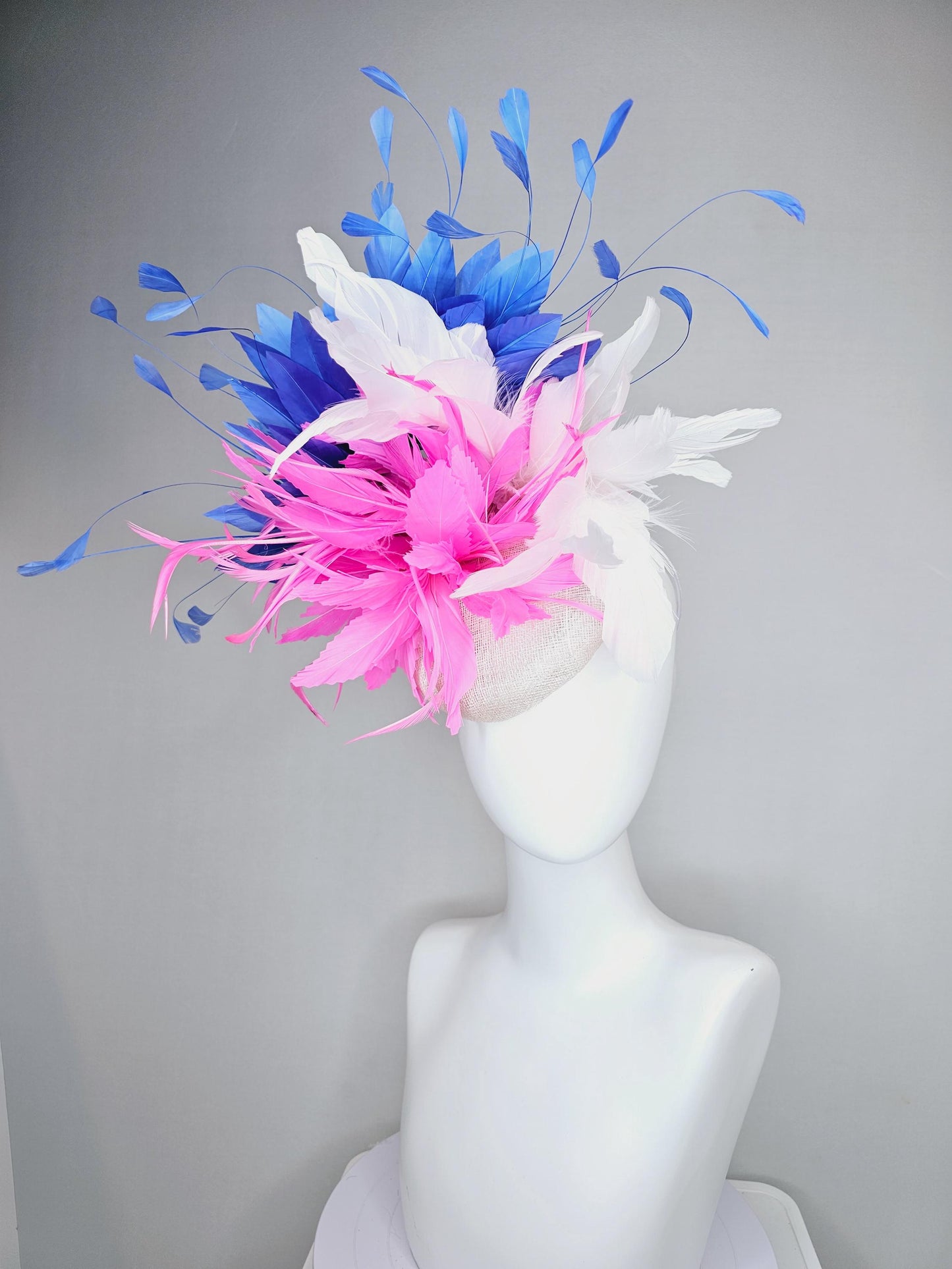 kentucky derby hat fascinator white sinamay with fluffy blush pink zigzag feather flower and white and cobalt royal blue branching feathers