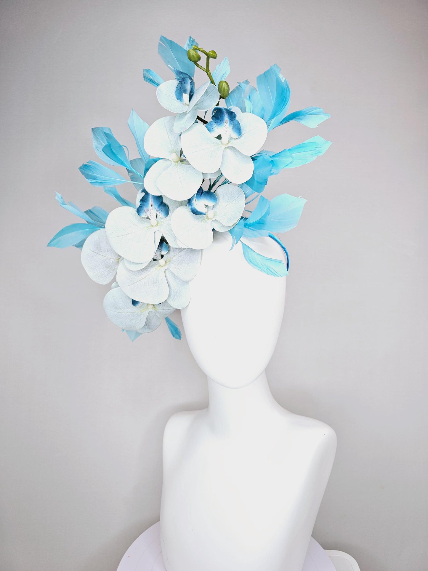 kentucky derby hat fascinator large pastel light blue satin silk orchid flowers with sky blue branching feathers