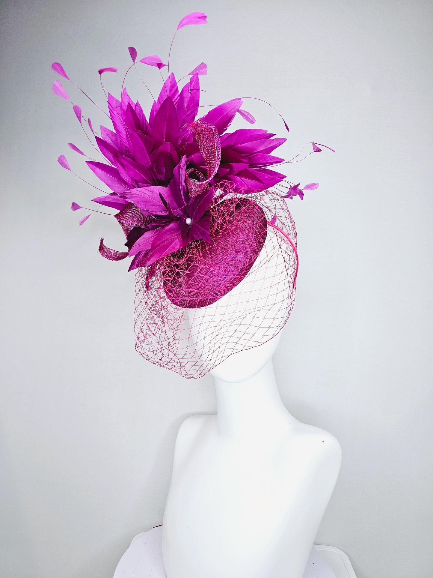 kentucky derby hat fascinator magenta purple sinamay with sinamay curls magenta purple feather flower magenta feathers with pink mesh veil