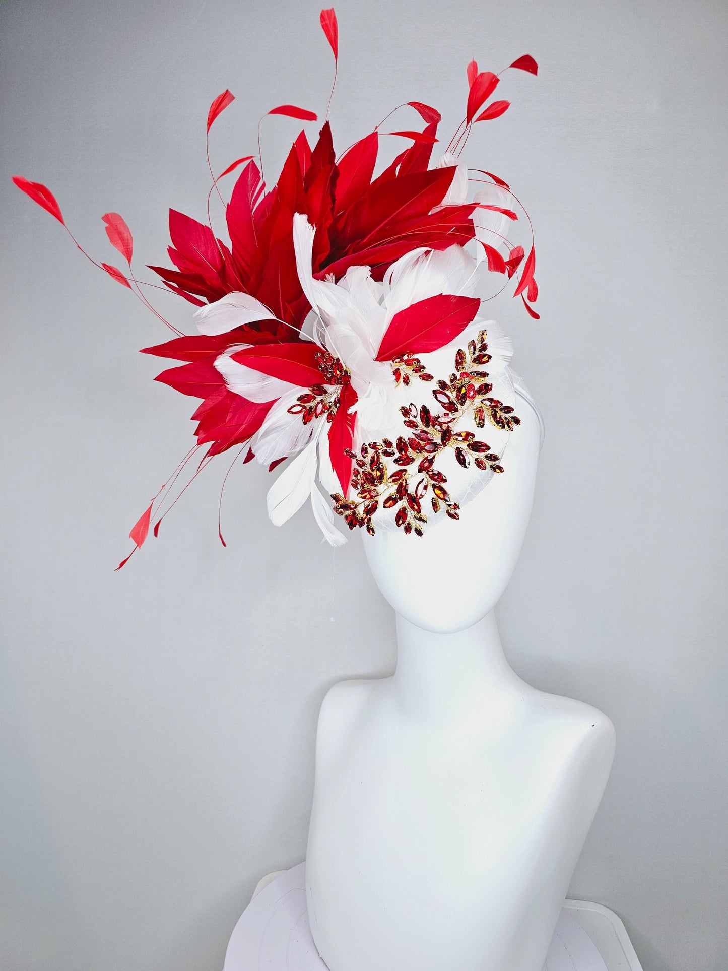 kentucky derby hat fascinator white satin with netting and red crystal beaded jewel stems with scarlet red and white branching feathers