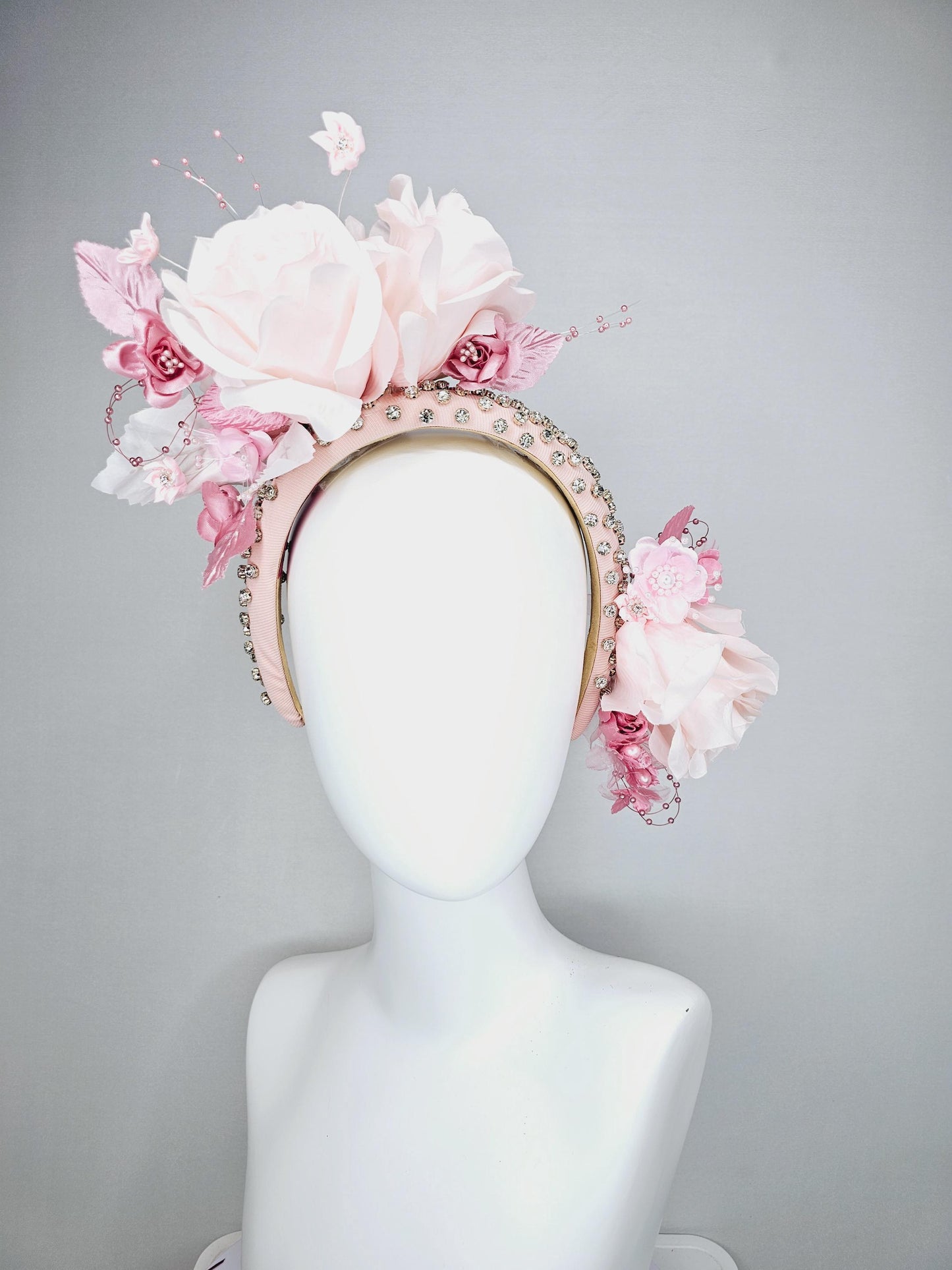 kentucky derby hat fascinator crystal beaded headband in light pink light pink blush pink satin roses light pink leaves pink pearl strings