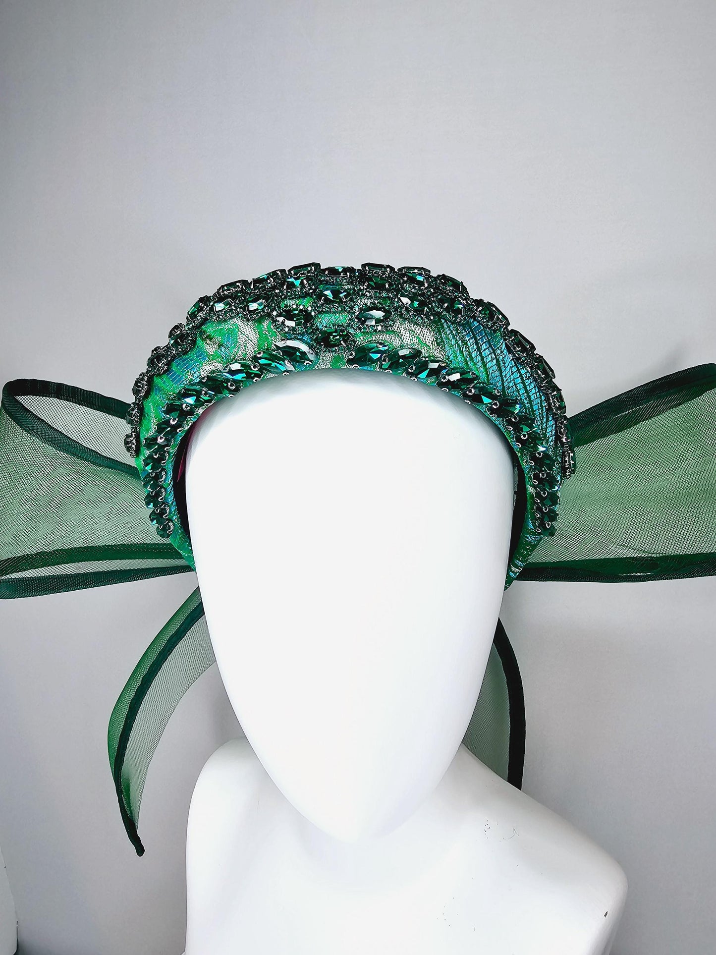 kentucky derby hat fascinator blue green headband with dark emerald green crystal rhinestone encrusted jewels large hunter green mesh bow