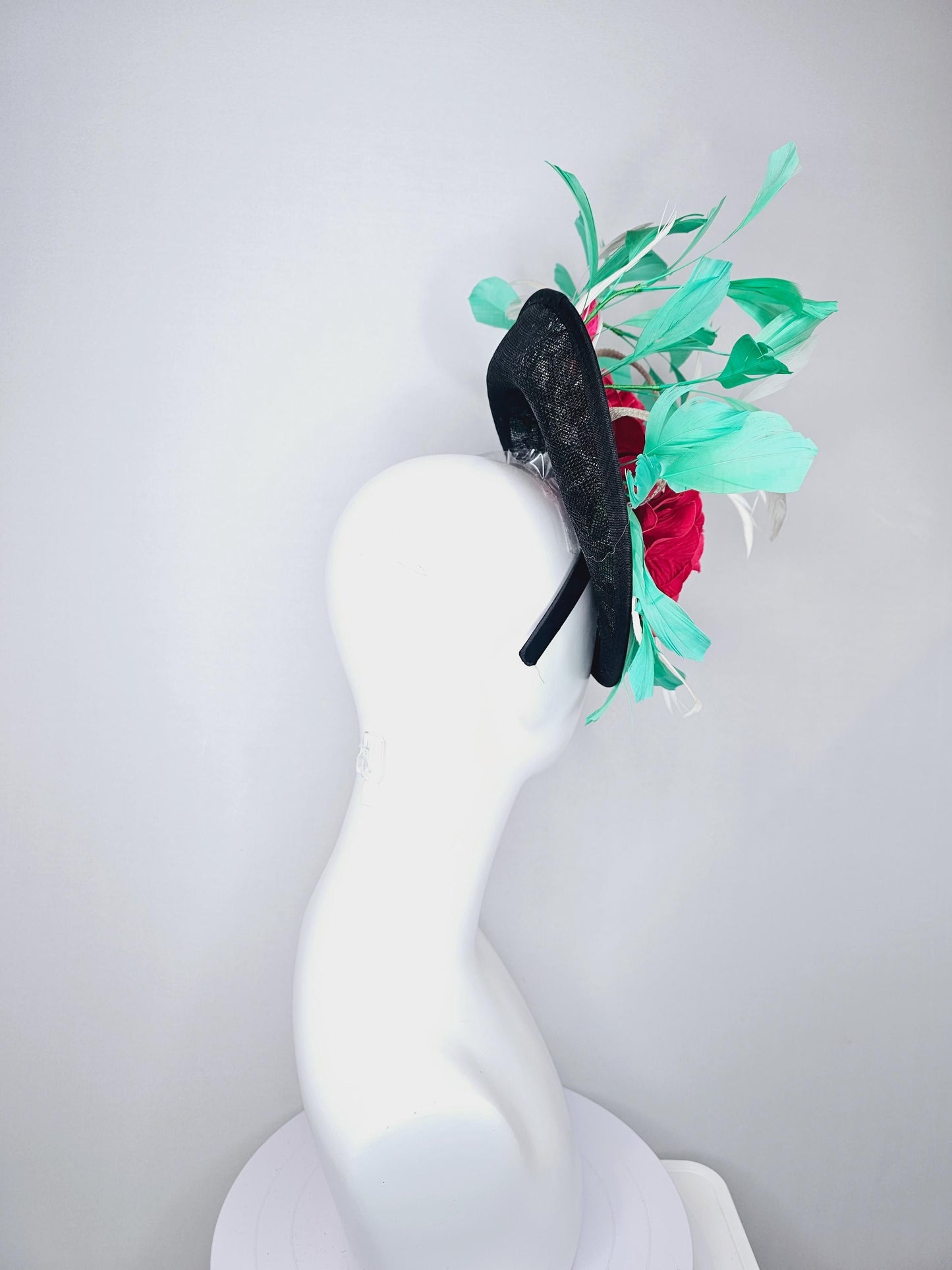 kentucky derby hat fascinator black and silver leopard saucer pink and red roses and green feathers white sinamay ribbon