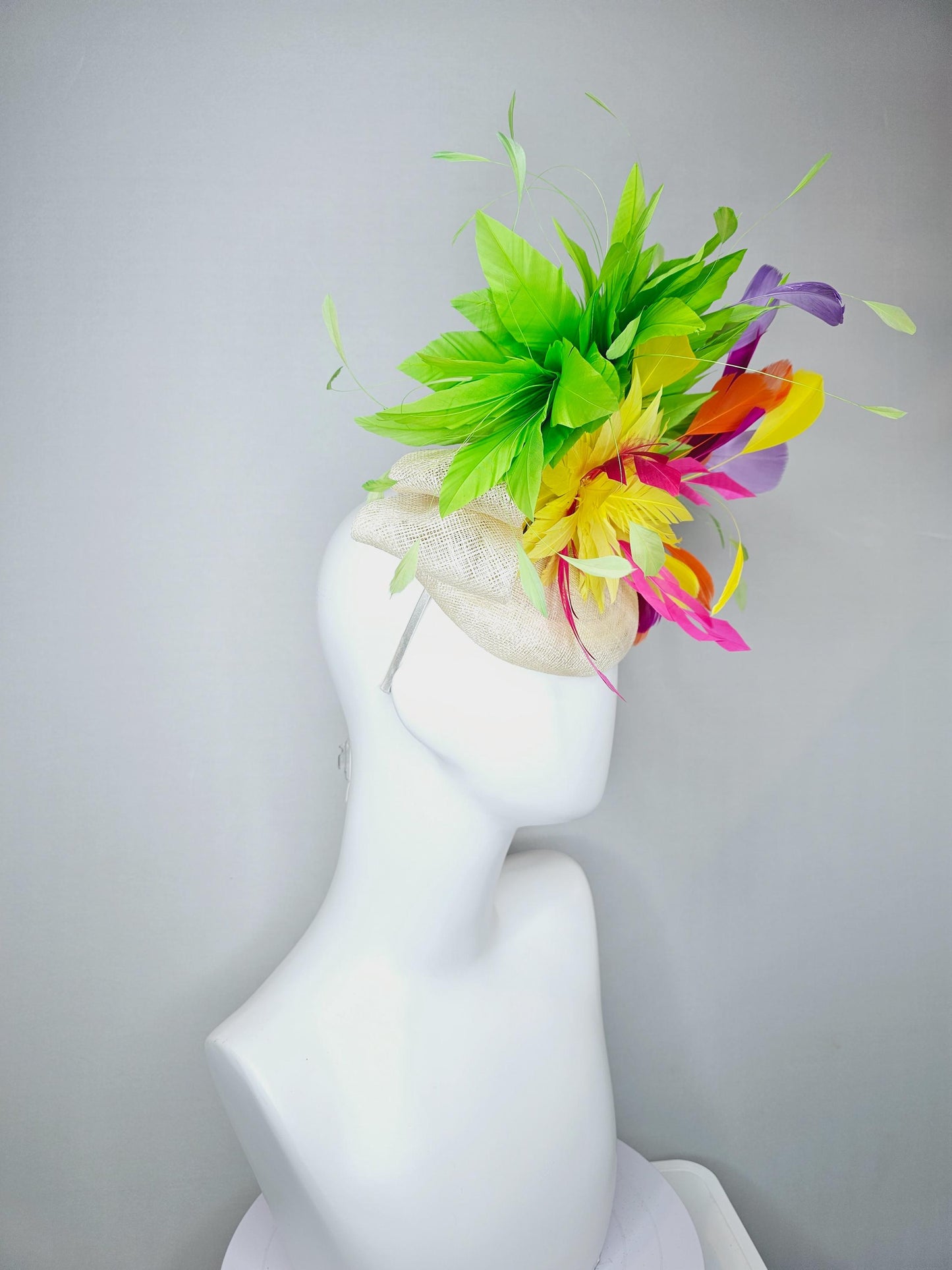 kentucky derby hat fascinator white ivory sinamay with rainbow feathers green orange fuchsia pink feathers with yellow feather flower