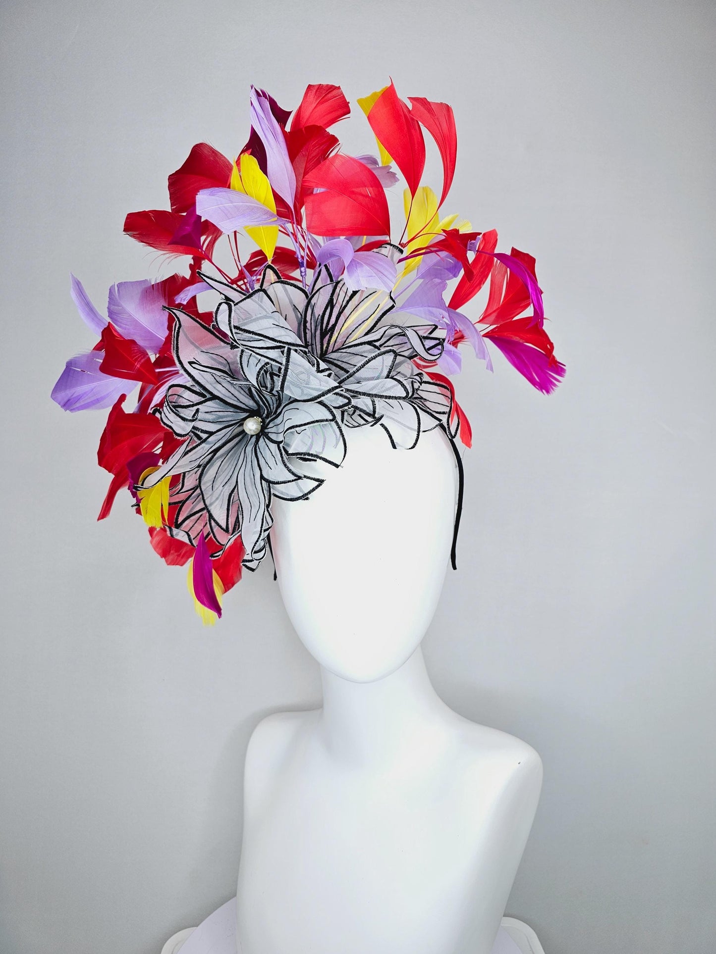 kentucky derby hat fascinator purple violet red and yellow feathers with large chiffon black and white flowers