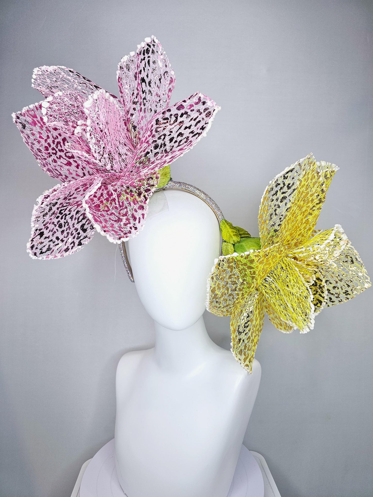 kentucky derby hat fascinator crystal headband with metallic lace large pink and yellow wire flowers