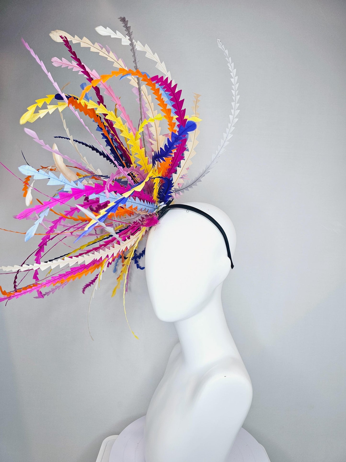 kentucky derby hat fascinator huge bright lightweight feather red pink blue purple white orange green on thin headband