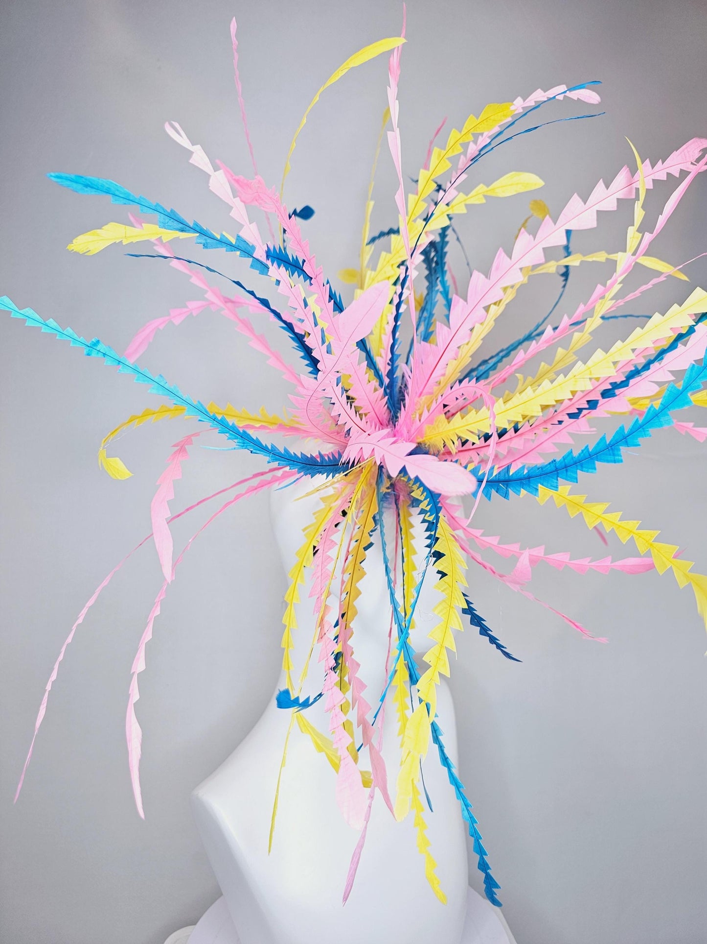 kentucky derby hat fascinator huge blue pink yellow pastel zigzag long feather showstopper headpiece