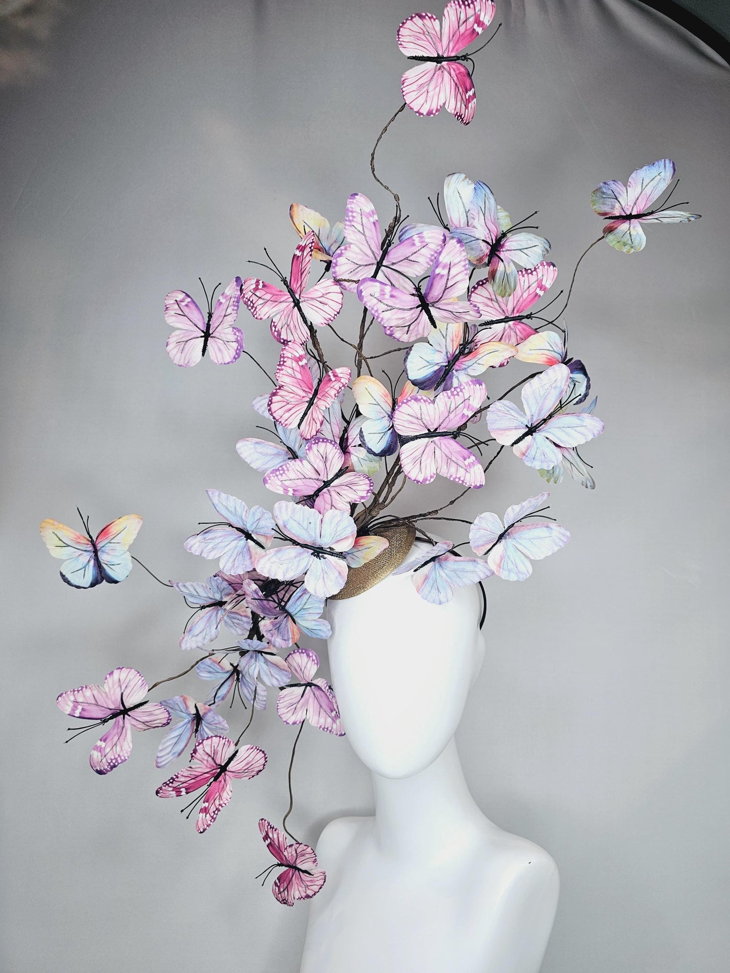 kentucky derby hat fascinator huge branching pastel blue lavender pink yellow peach ombre fabric butterflies
