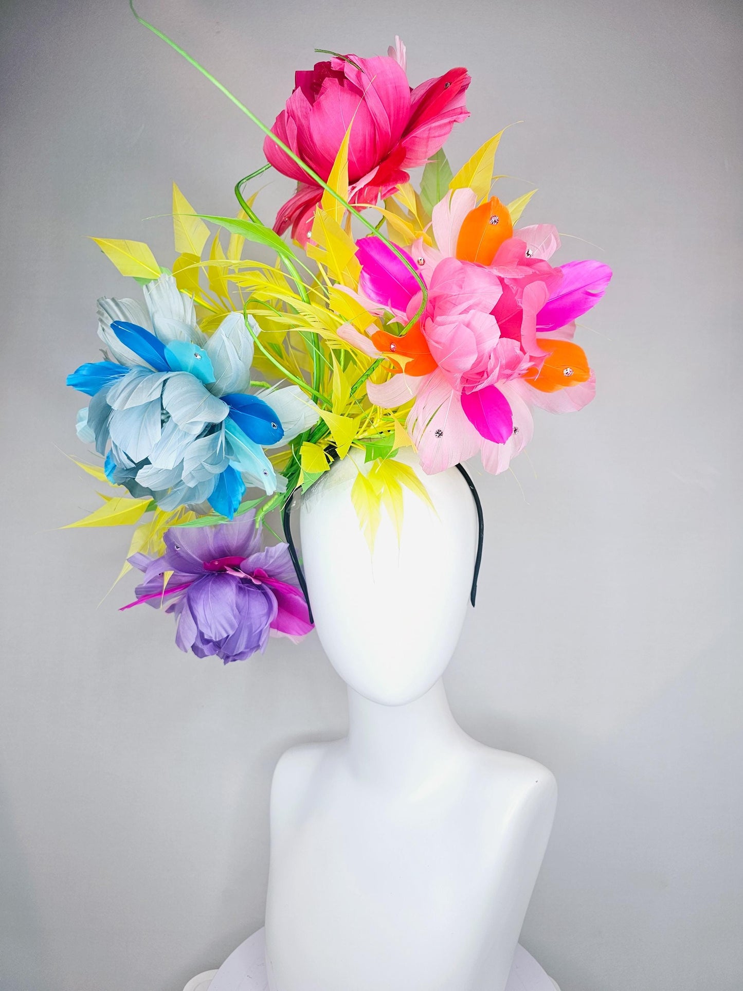 kentucky derby hat fascinator rainbow huge feather flowers purple pink blue ombre with spiky yellow and bright green feathers